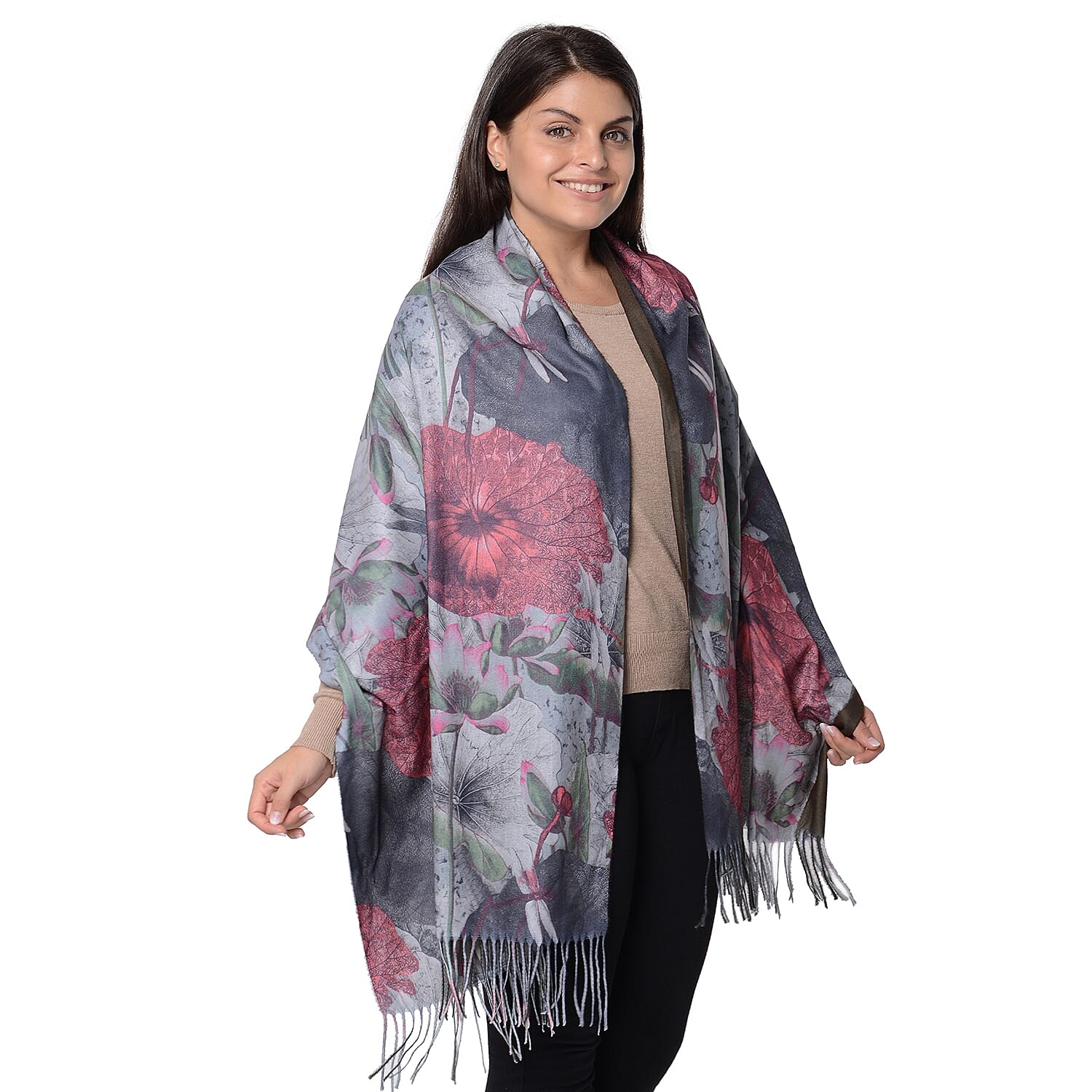 Winter Reversible Digital Printed Lotus Pattern Scarf with Tassel (Size 70x180 Cm) - Dark Green and Rust Red