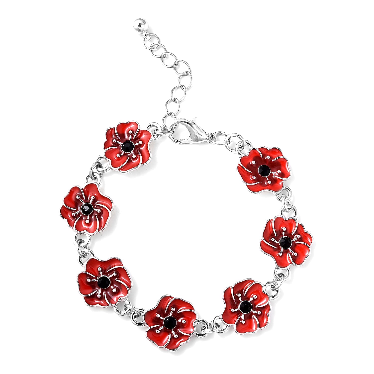 TJC  Design Red and Black Enamelled  Flower Silver Tone Bracelet (Size 7 with 1.5 Inch Extender)