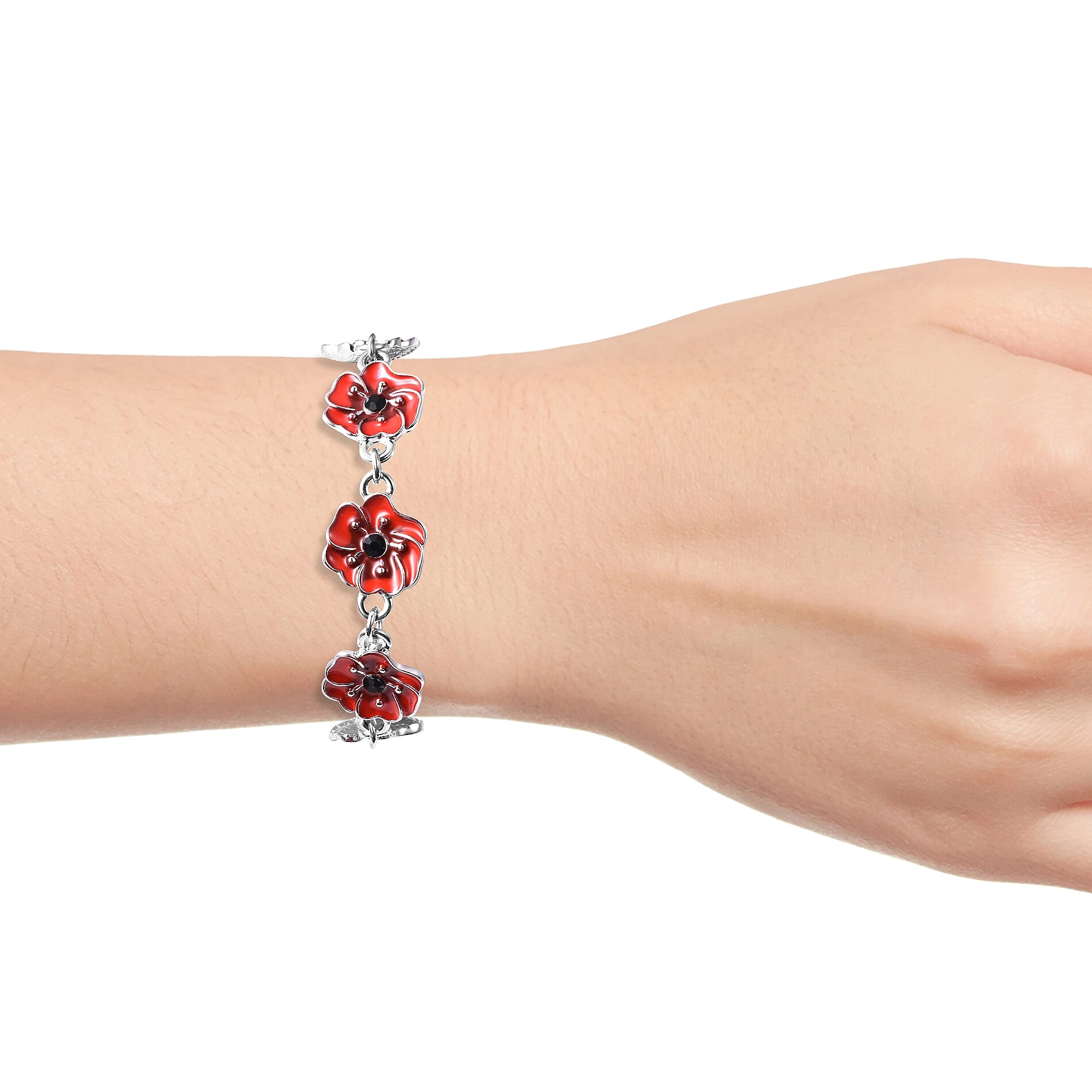 TJC  Design Red and Black Enamelled  Flower Silver Tone Bracelet (Size 7 with 1.5 Inch Extender)