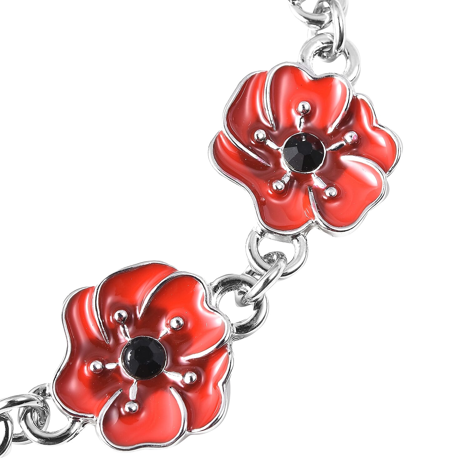 TJC  Design Red and Black Enamelled  Flower Silver Tone Bracelet (Size 7 with 1.5 Inch Extender)