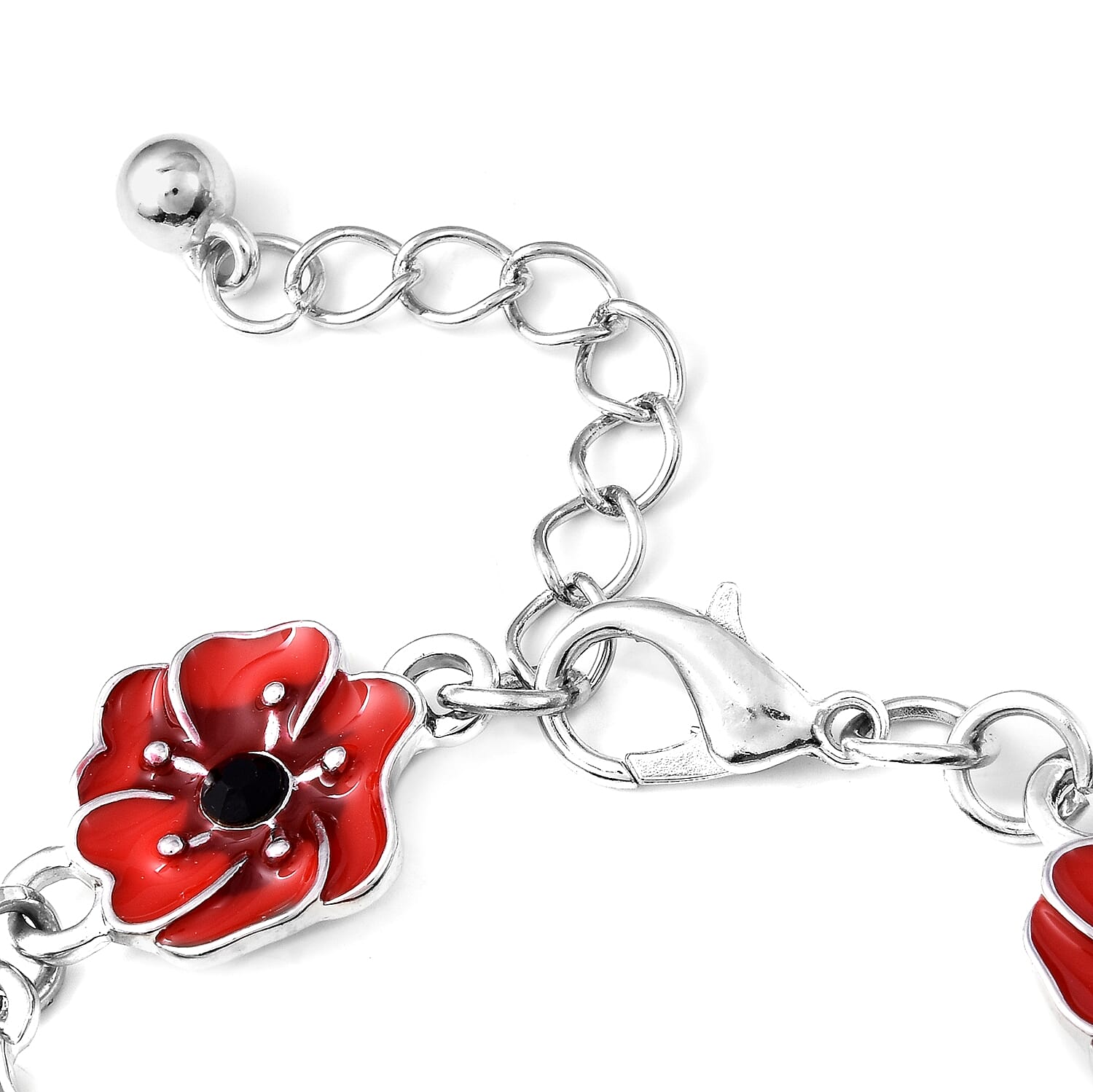TJC  Design Red and Black Enamelled  Flower Silver Tone Bracelet (Size 7 with 1.5 Inch Extender)