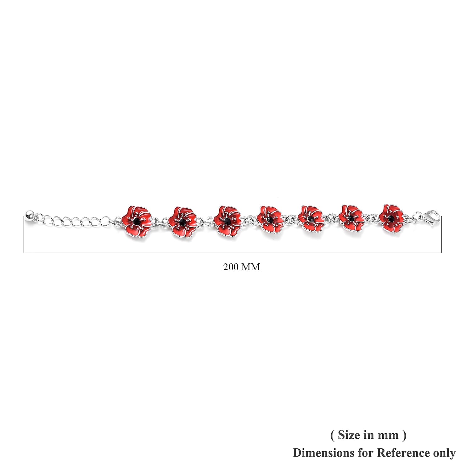 TJC  Design Red and Black Enamelled  Flower Silver Tone Bracelet (Size 7 with 1.5 Inch Extender)