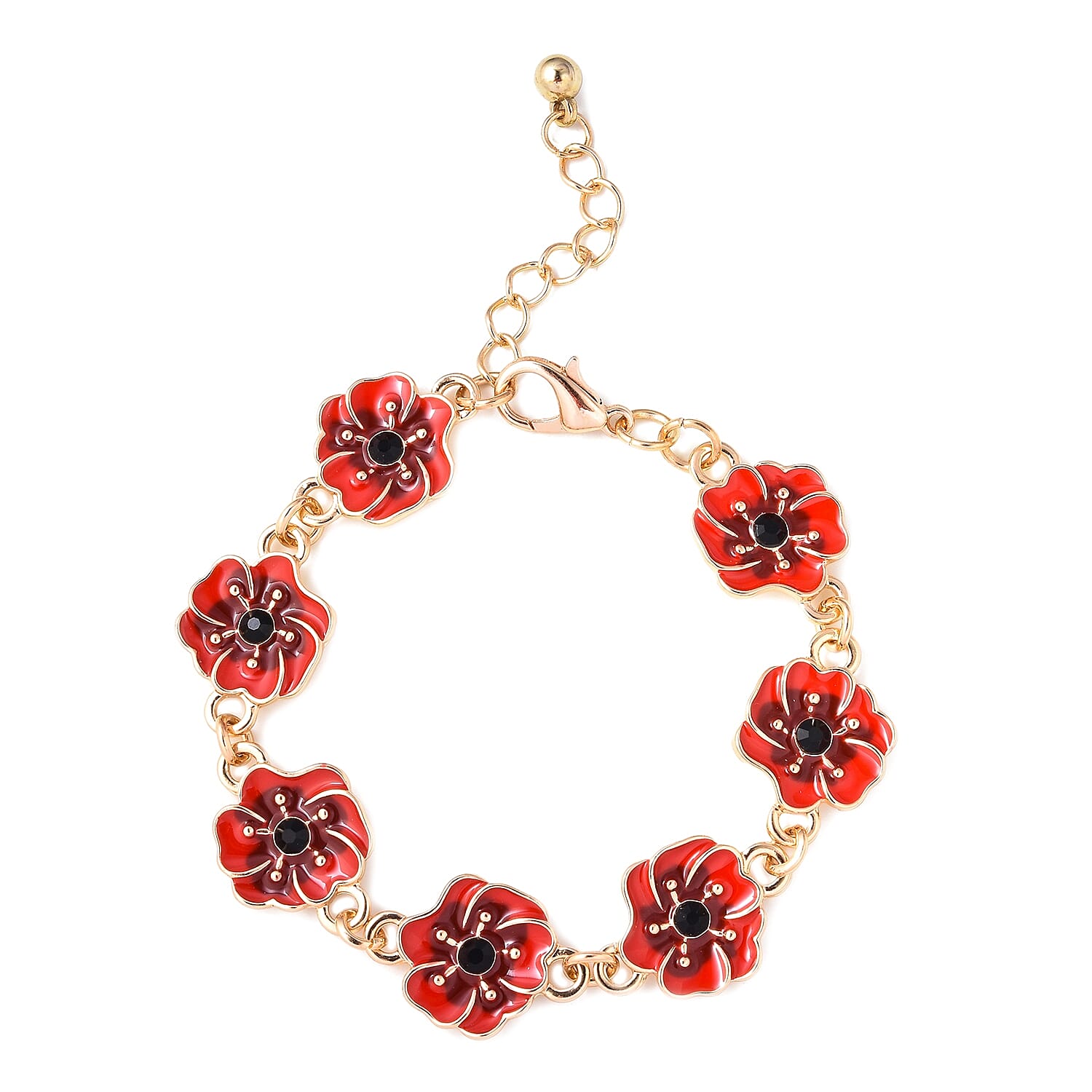 TJC  Design Red and Black Enamelled  Flower Gold Tone Bracelet (Size 7 with 1.5 Inch Extender)