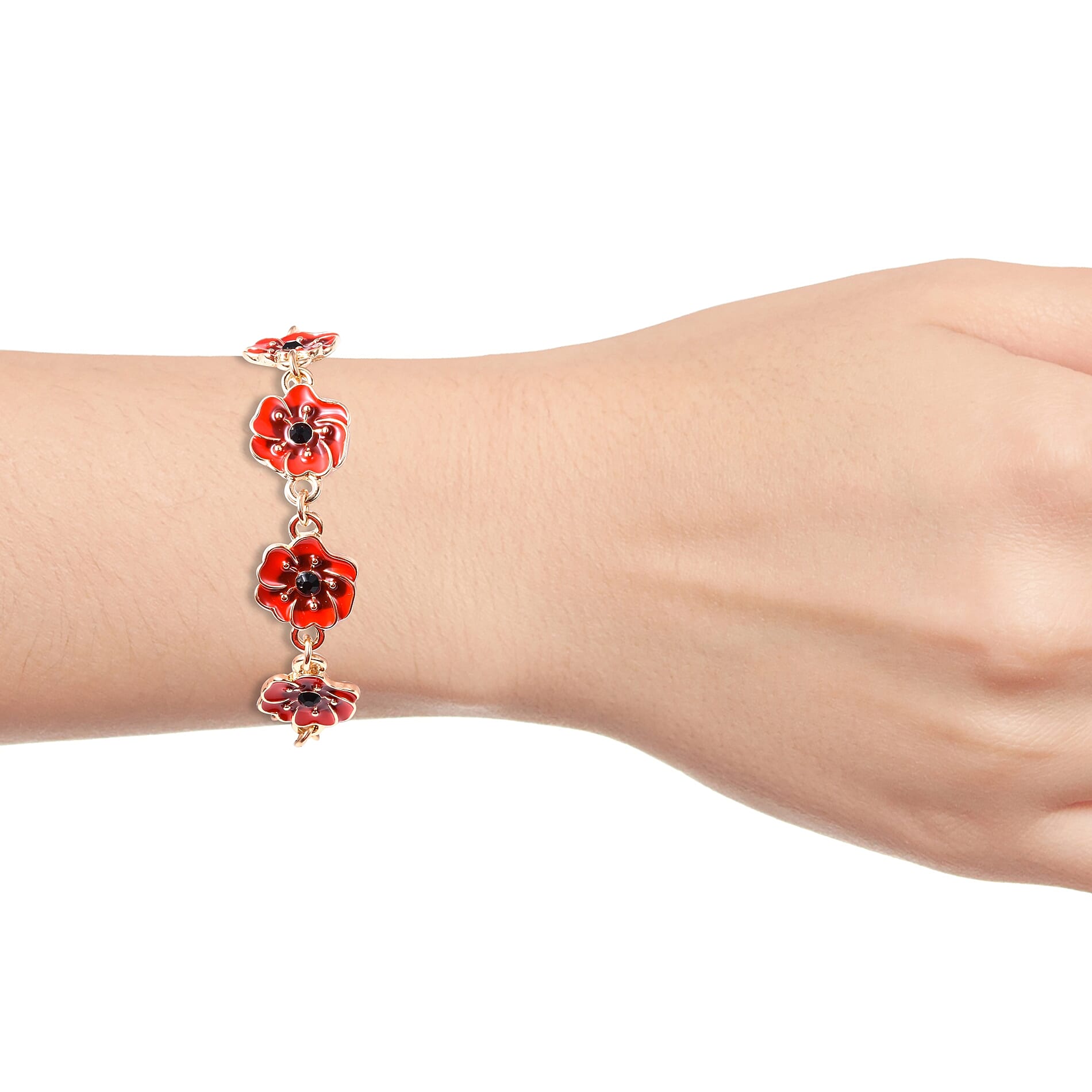 TJC  Design Red and Black Enamelled  Flower Gold Tone Bracelet (Size 7 with 1.5 Inch Extender)