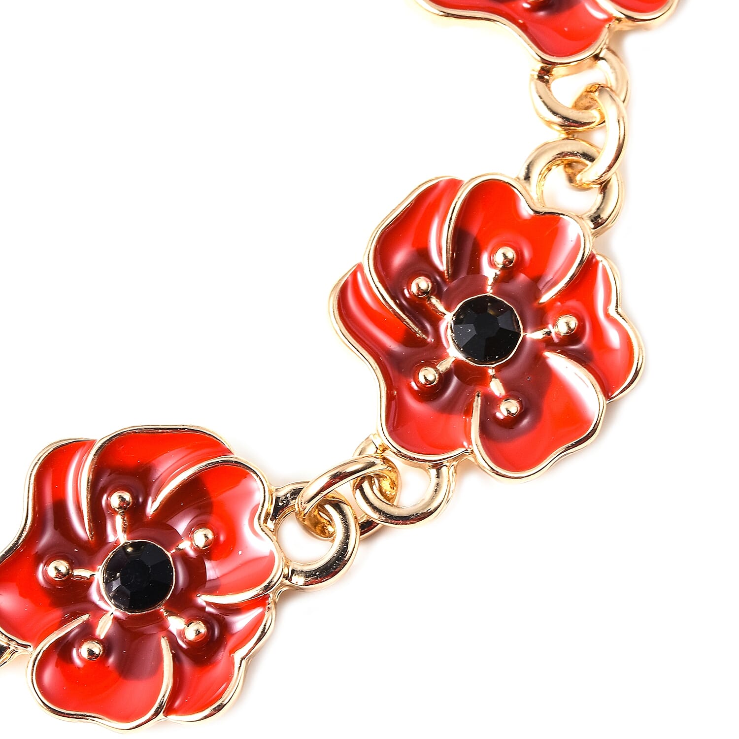 TJC  Design Red and Black Enamelled  Flower Gold Tone Bracelet (Size 7 with 1.5 Inch Extender)