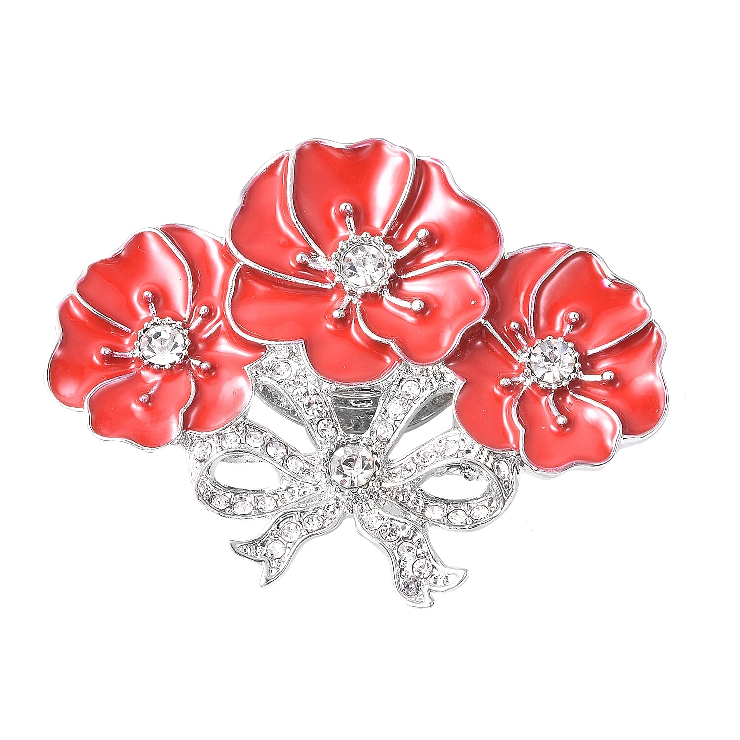 TJC  Design White Austrian Crystal (Rnd) Enamelled  Flower Magnetic Brooch in Silver Tone