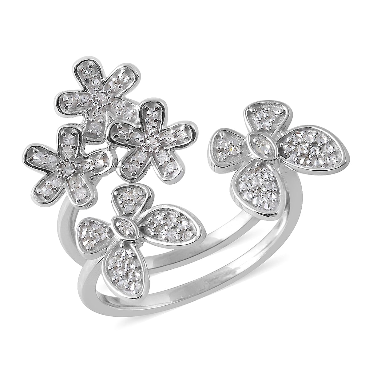 Diamond (Rnd) Adjustable Two Finger Ring in Platinum Overlay Sterling Silver 0.501 Ct.