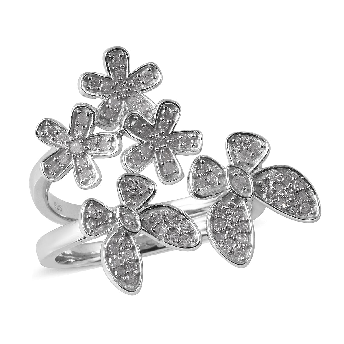Diamond (Rnd) Adjustable Two Finger Ring in Platinum Overlay Sterling Silver 0.501 Ct.