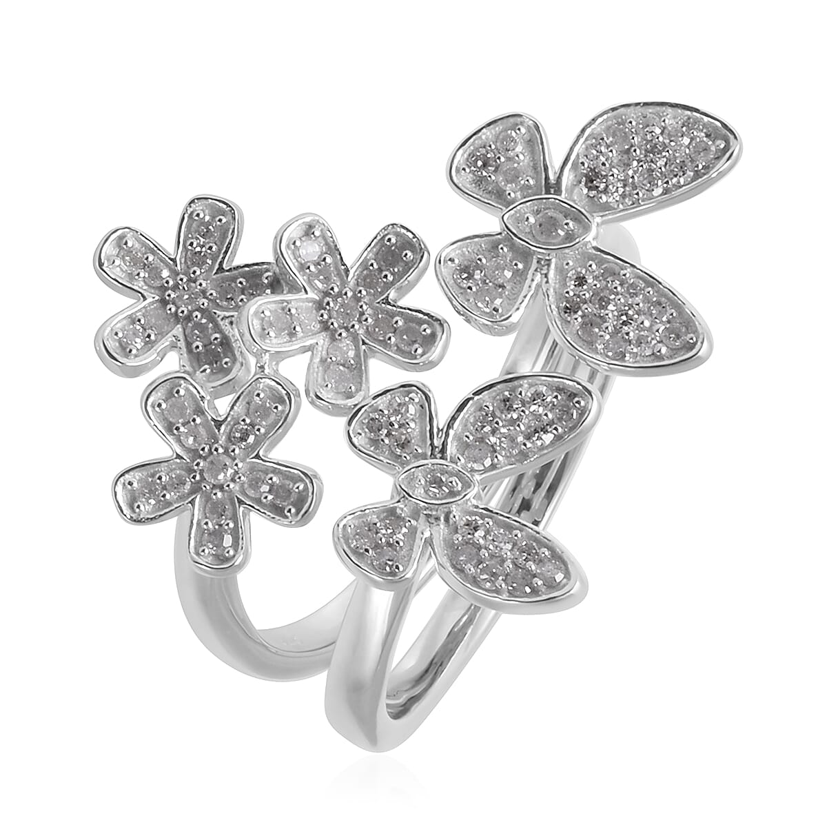 Diamond (Rnd) Adjustable Two Finger Ring in Platinum Overlay Sterling Silver 0.501 Ct.