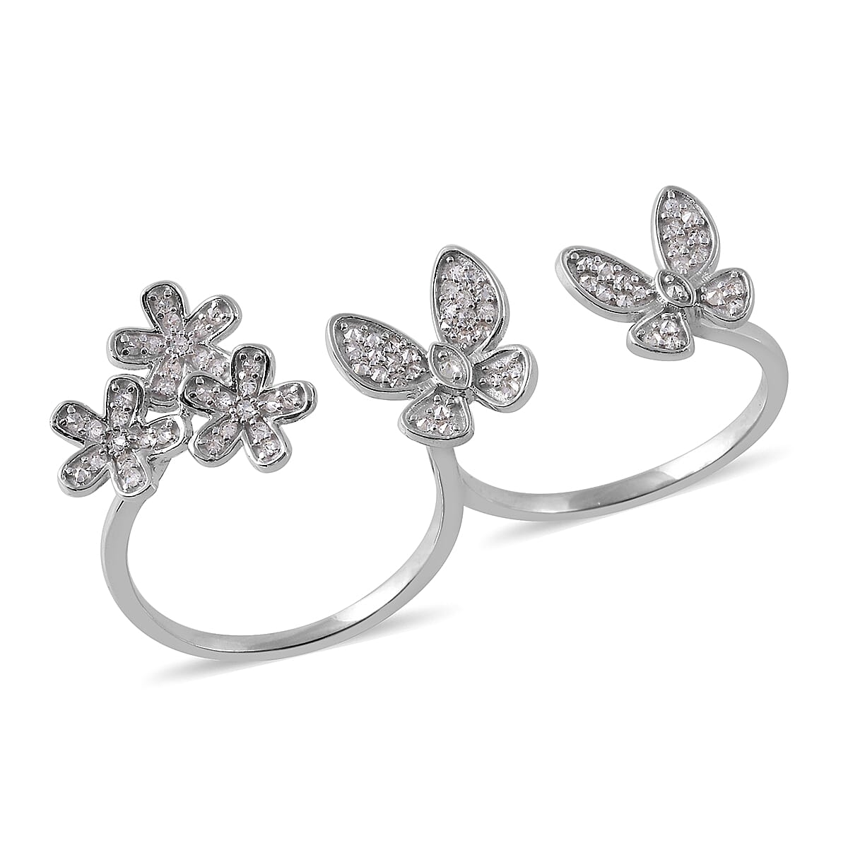 Diamond (Rnd) Adjustable Two Finger Ring in Platinum Overlay Sterling Silver 0.501 Ct.