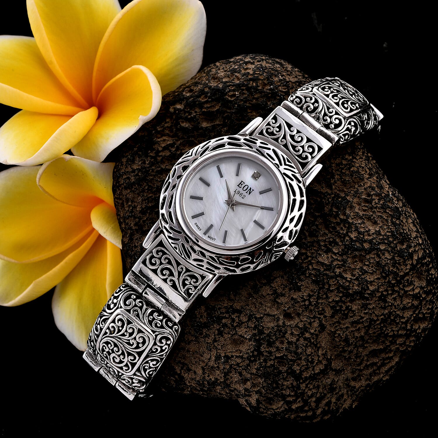 Royal Bali Collection EON 1962 Swiss Movement Water Resistant Scroll Work Watch (Size 6.5) in Sterling Silver, Silver wt 29.00 Gms
