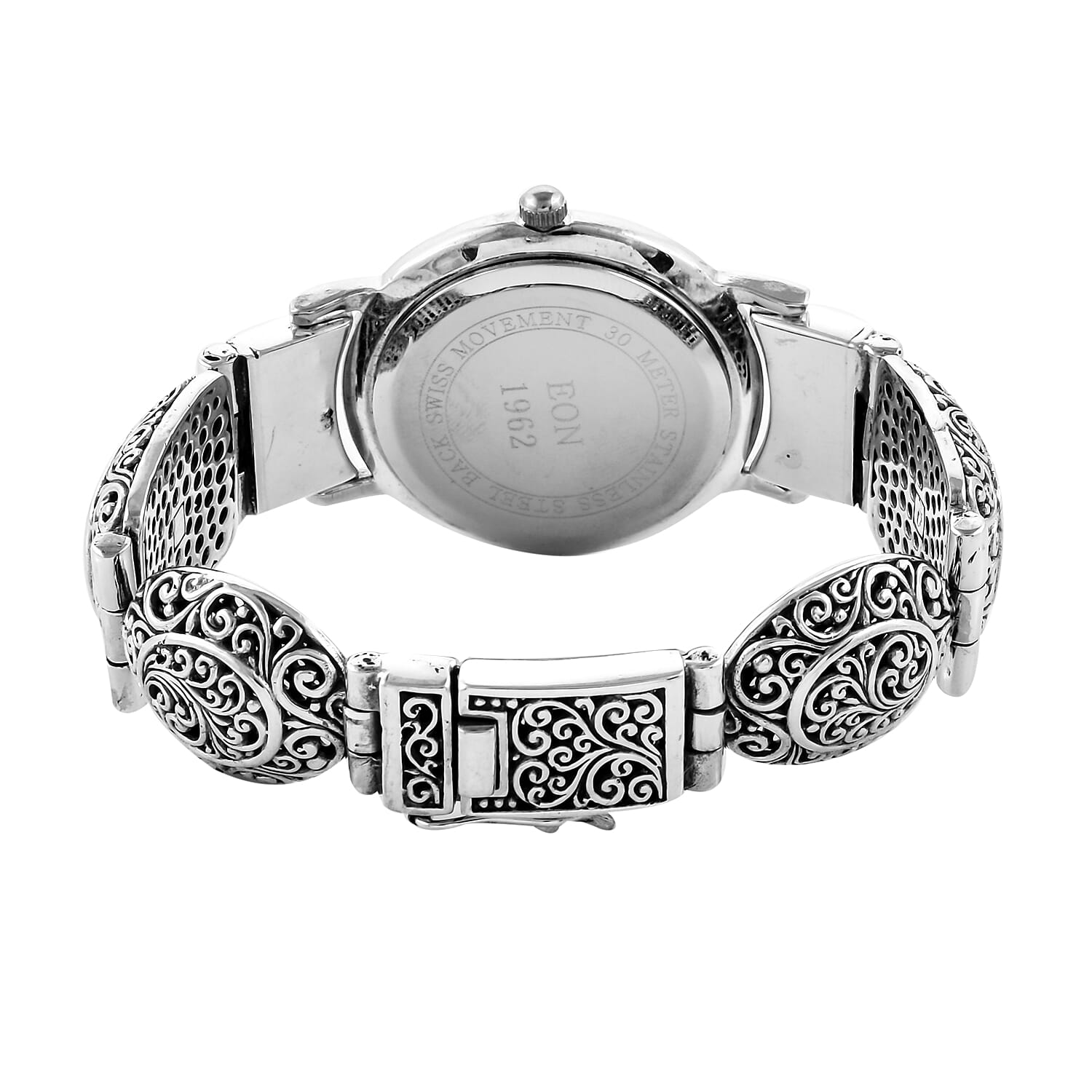Royal Bali Collection EON 1962 Swiss Movement Water Resistant Scroll Work Watch (Size 6.5) in Sterling Silver, Silver wt 29.00 Gms