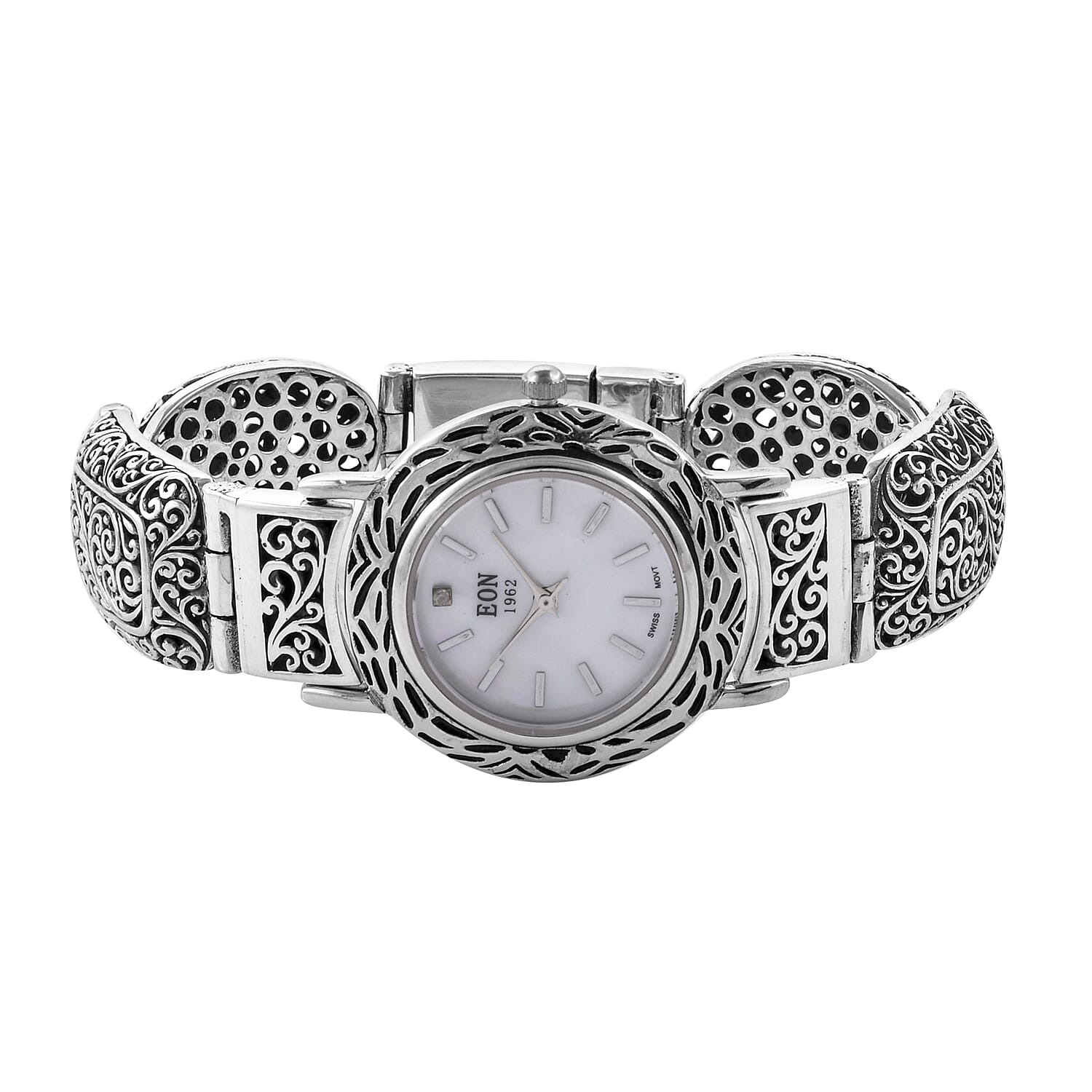 Royal Bali Collection EON 1962 Swiss Movement Water Resistant Scroll Work Watch (Size 7.25) in Sterling Silver, Silver wt 32.00 Gms