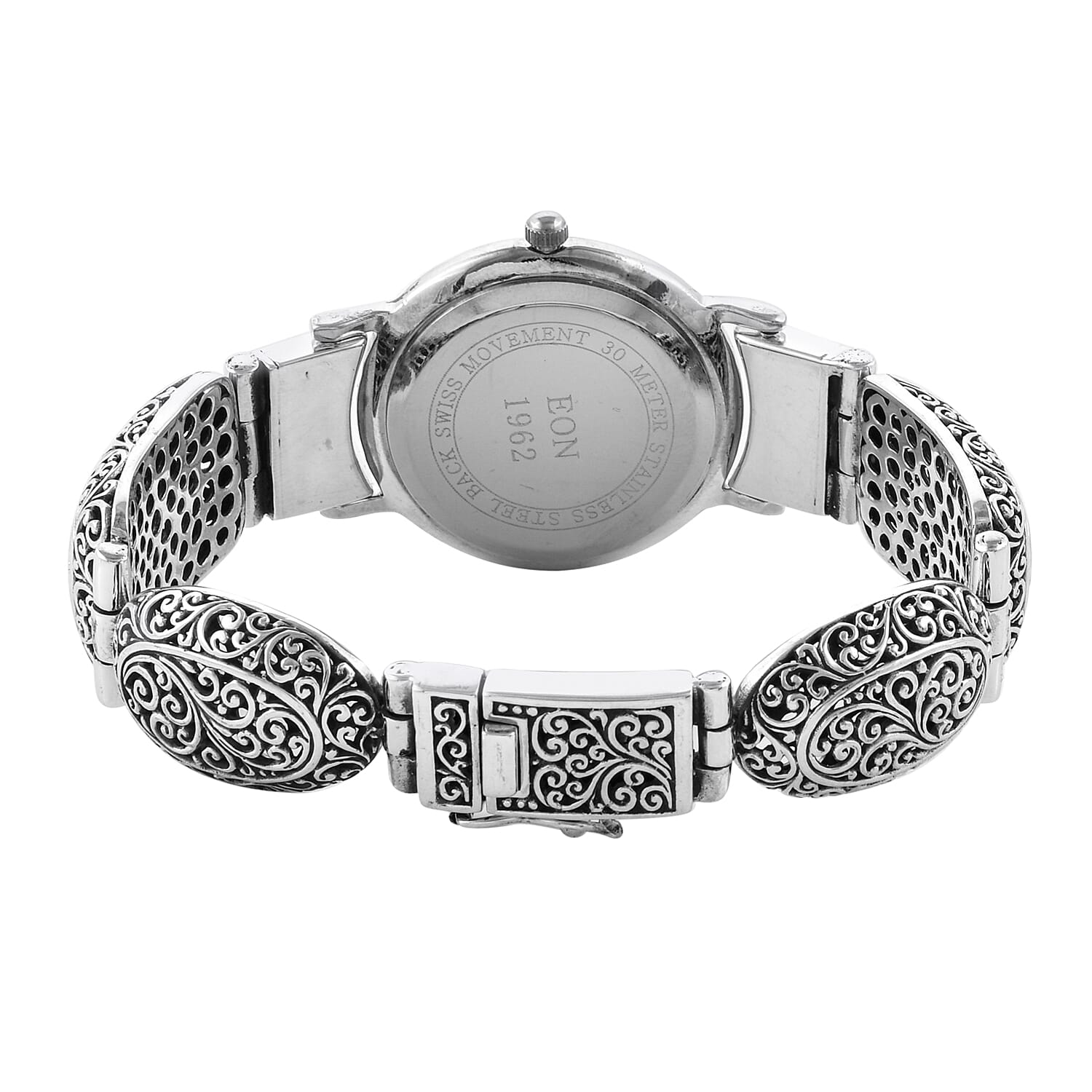 Royal Bali Collection EON 1962 Swiss Movement Water Resistant Scroll Work Watch (Size 7.25) in Sterling Silver, Silver wt 32.00 Gms