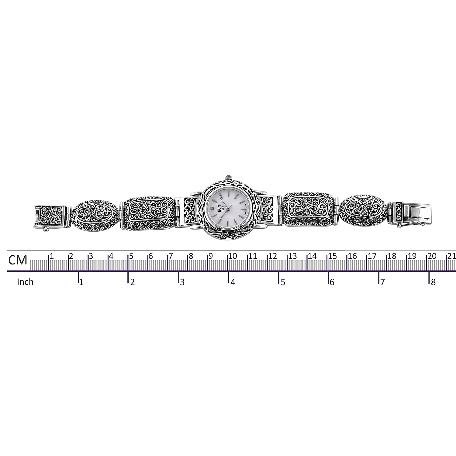 Royal Bali Collection EON 1962 Swiss Movement Water Resistant Scroll Work Watch (Size 7.25) in Sterling Silver, Silver wt 32.00 Gms