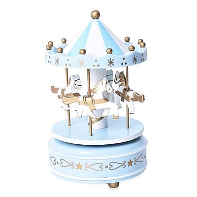 Stocking Filler- Handcrafted Merry-Go-Round Carousel with Wooden Horses Music Box (Size 11x18cm) - Light Blue, Gold and White