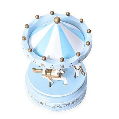 Stocking Filler- Handcrafted Merry-Go-Round Carousel with Wooden Horses Music Box (Size 11x18cm) - Light Blue, Gold and White