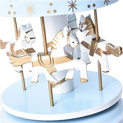 Stocking Filler- Handcrafted Merry-Go-Round Carousel with Wooden Horses Music Box (Size 11x18cm) - Light Blue, Gold and White