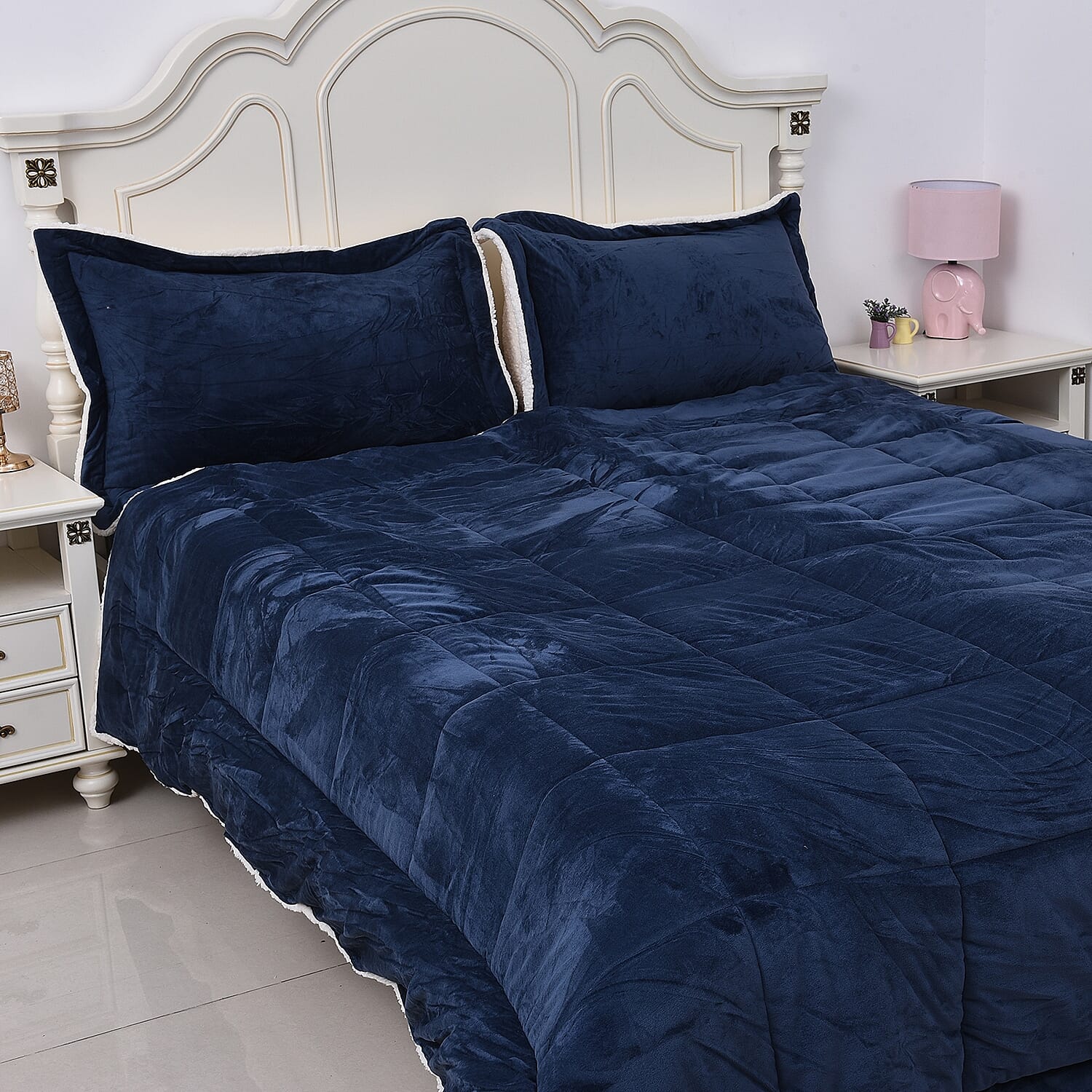 Leap Year Deal - Soft and Warm Sherpa Duvet Set with Microflannel Fitted Sheet (DOUBLE) and 2 Reversible Pillow Cases, Blue