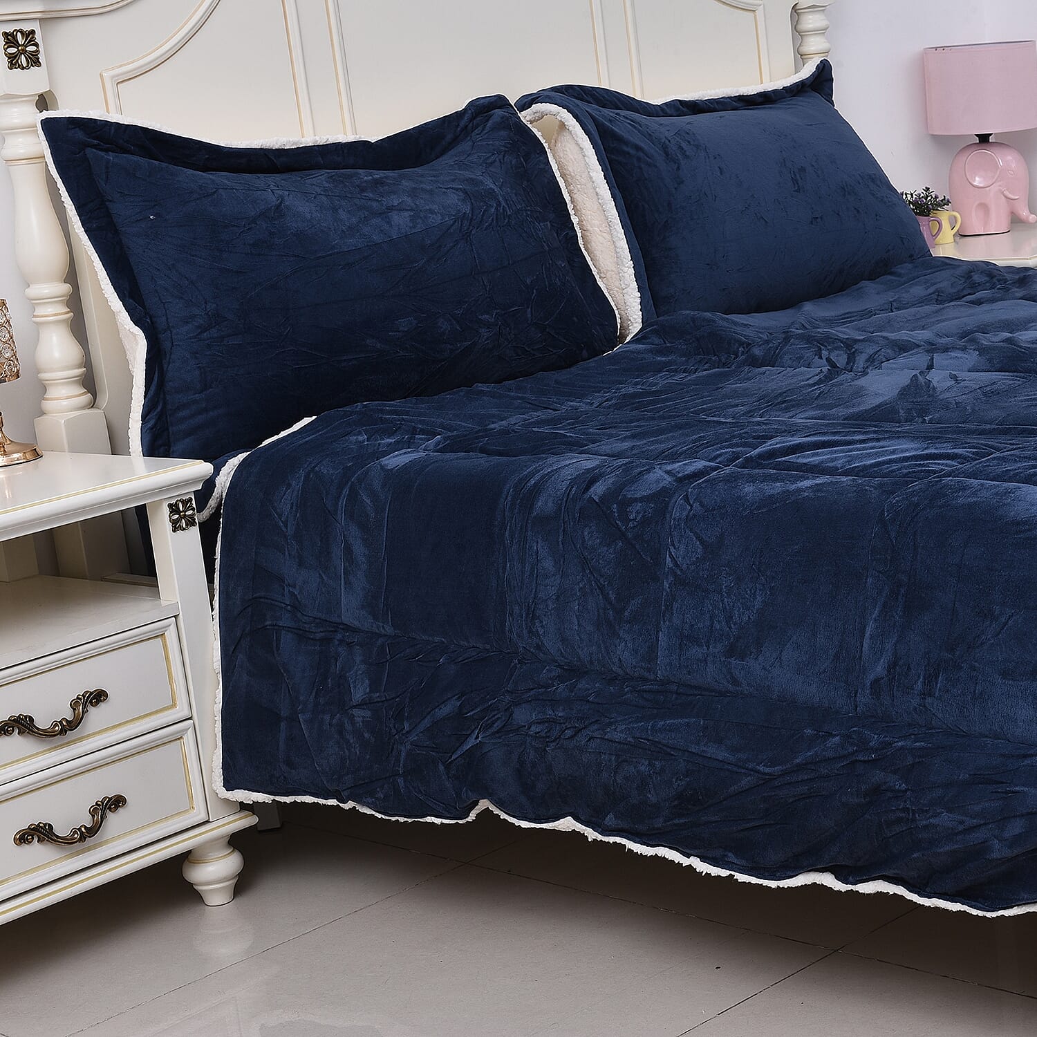 Leap Year Deal - Soft and Warm Sherpa Duvet Set with Microflannel Fitted Sheet (DOUBLE) and 2 Reversible Pillow Cases, Blue