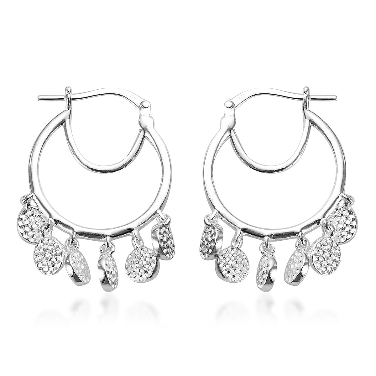 Sterling Silver Hoop Earrings (with Clasp) with Hammered Textured Charms