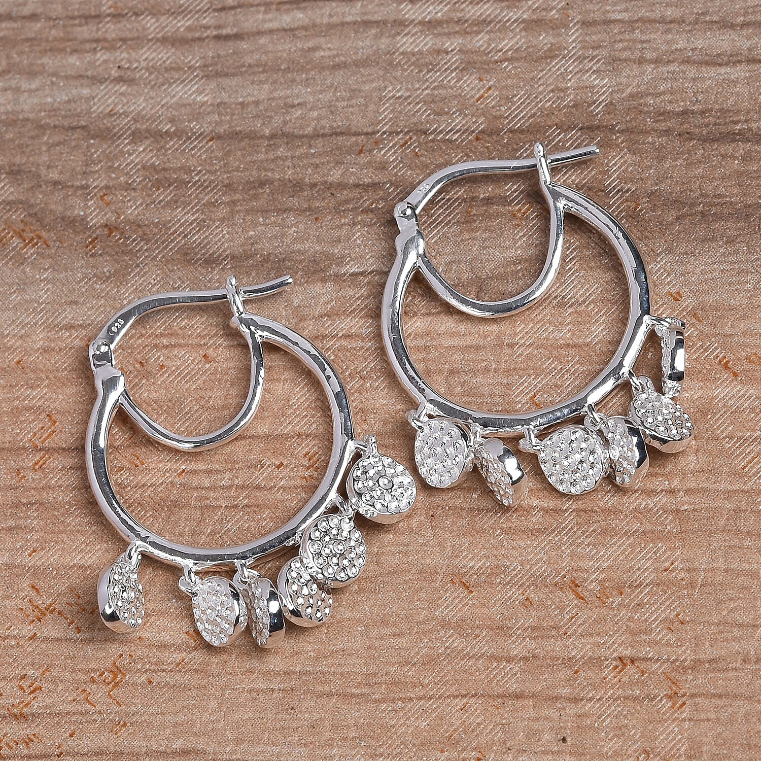 Sterling Silver Hoop Earrings (with Clasp) with Hammered Textured Charms
