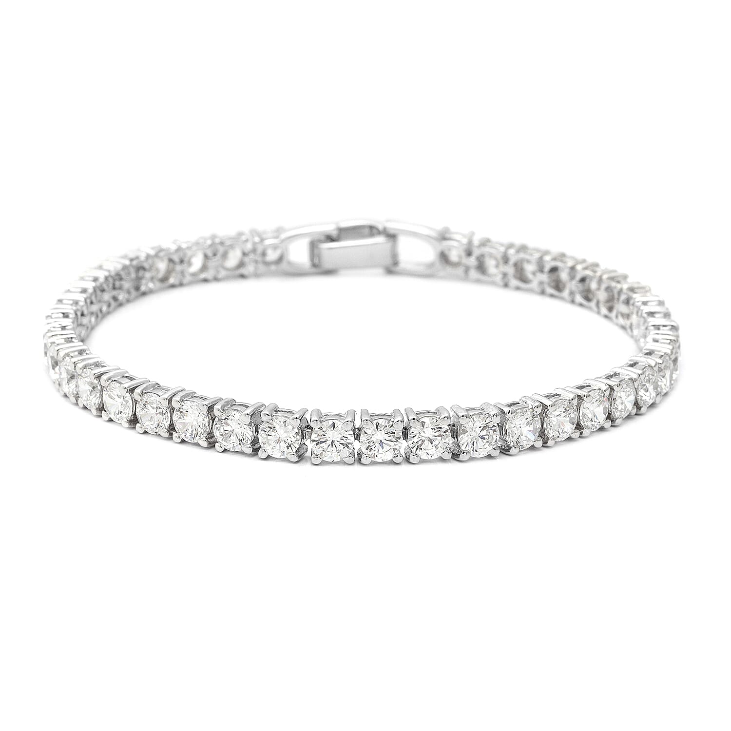 ELANZA Swiss Star Star Cut Cubic Zirconia (Rnd) Bracelet (Size 7.5) in Rhodium Overlay Sterling Silver, Silver wt 11.20 Gms