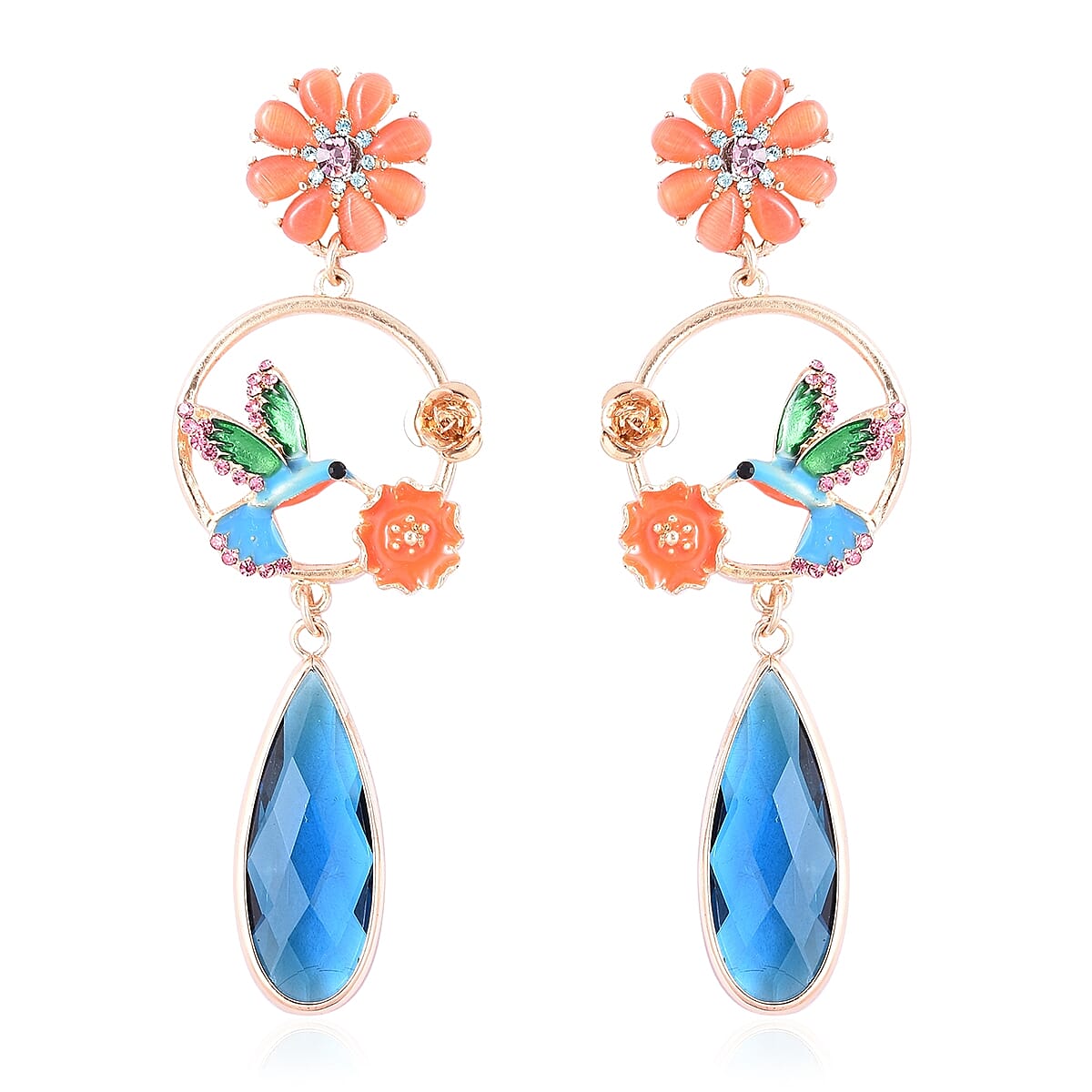 Simulated Blue Tourmaline (Pear), Simulated Orange Cats Eye and Multicolour Austrian Crystal Enamelled Flower and Humming Bird Dangle Earrings (with Push Back) in Yellow Gold Tone