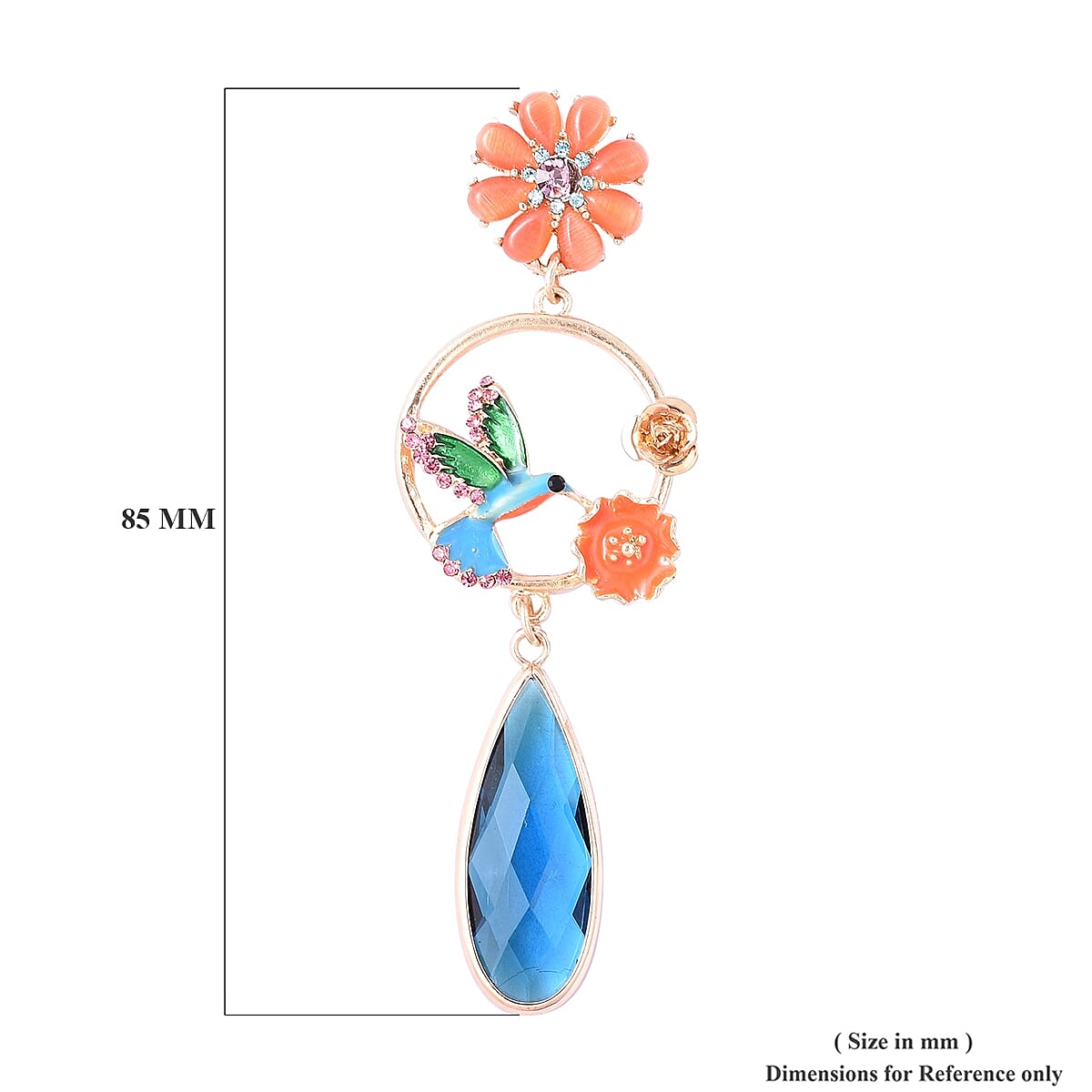 Simulated Blue Tourmaline (Pear), Simulated Orange Cats Eye and Multicolour Austrian Crystal Enamelled Flower and Humming Bird Dangle Earrings (with Push Back) in Yellow Gold Tone