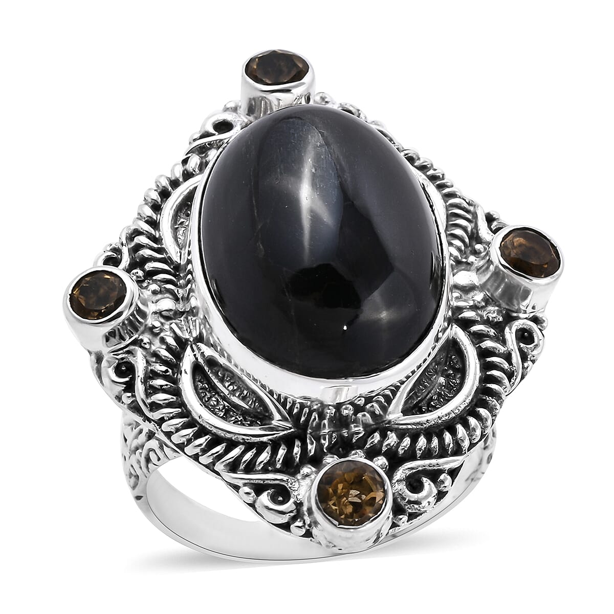 Royal Bali Collection - Black Star Diopside (Ovl 20x15 mm), Citrine Ring in Sterling Silver 25.85 Ct, Silver wt 12.00 Gms