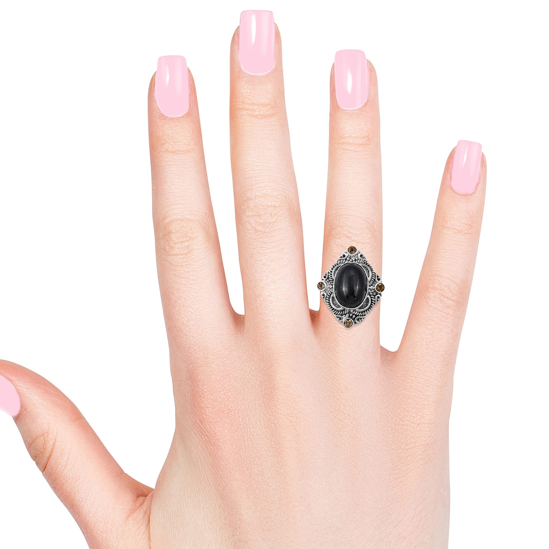Royal Bali Collection - Black Star Diopside (Ovl 20x15 mm), Citrine Ring in Sterling Silver 25.85 Ct, Silver wt 12.00 Gms