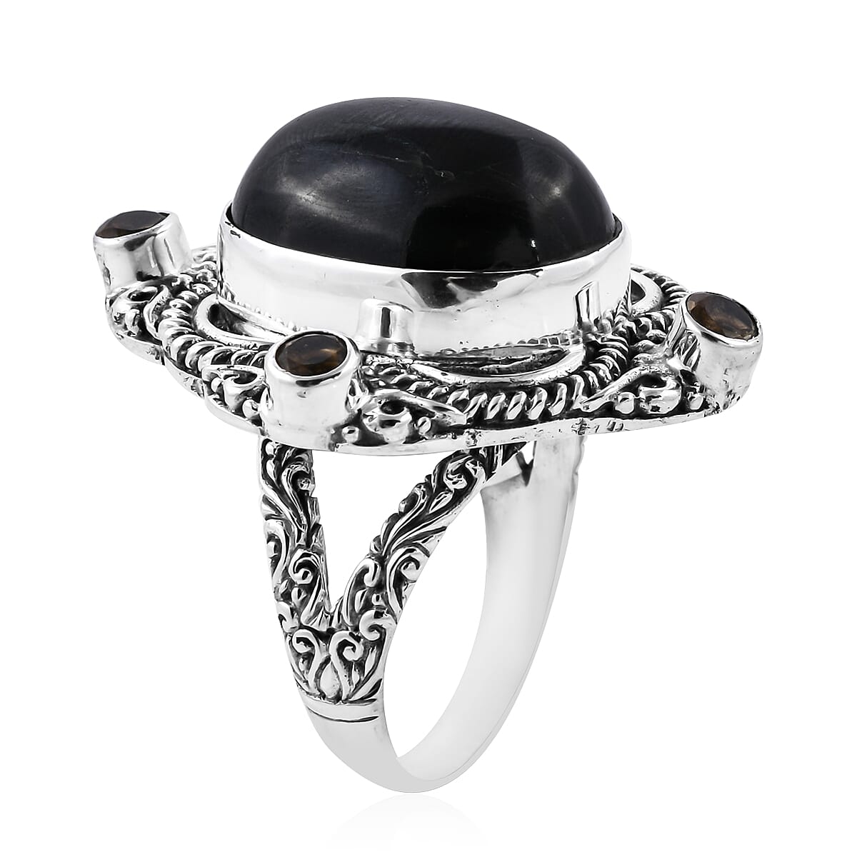 Royal Bali Collection - Black Star Diopside (Ovl 20x15 mm), Citrine Ring in Sterling Silver 25.85 Ct, Silver wt 12.00 Gms