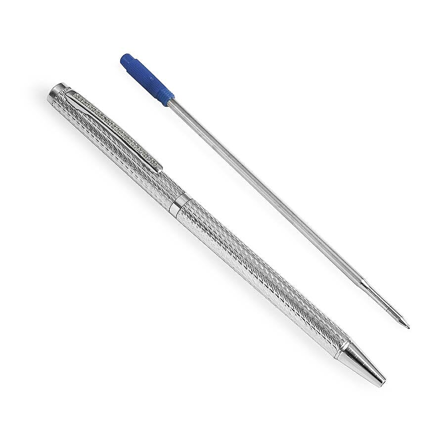 25 Single Cut Diamond Studded (0.12 ct.) Sterling Silver (10.0 Gms) Dotted Pattern Ball Pen with 1 Extra Refill in Black Colour Box