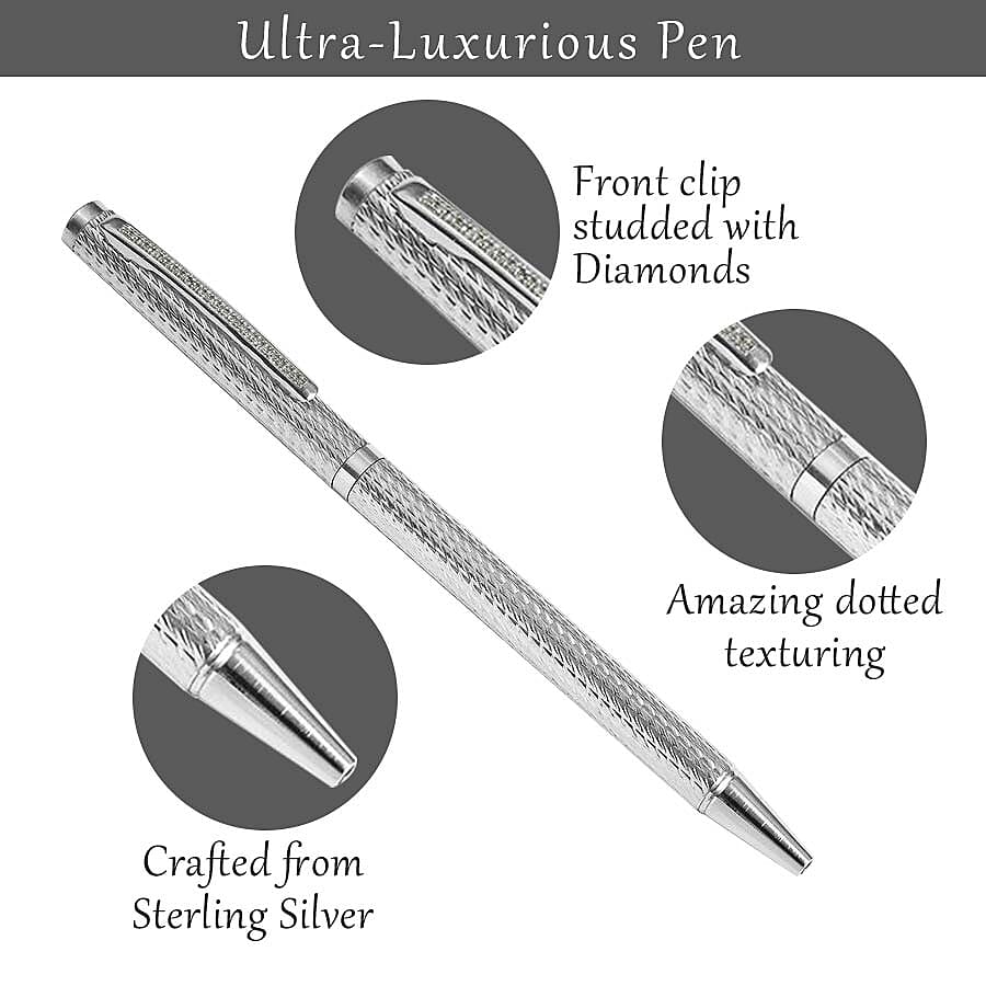 25 Single Cut Diamond Studded (0.12 ct.) Sterling Silver (10.0 Gms) Dotted Pattern Ball Pen with 1 Extra Refill in Black Colour Box