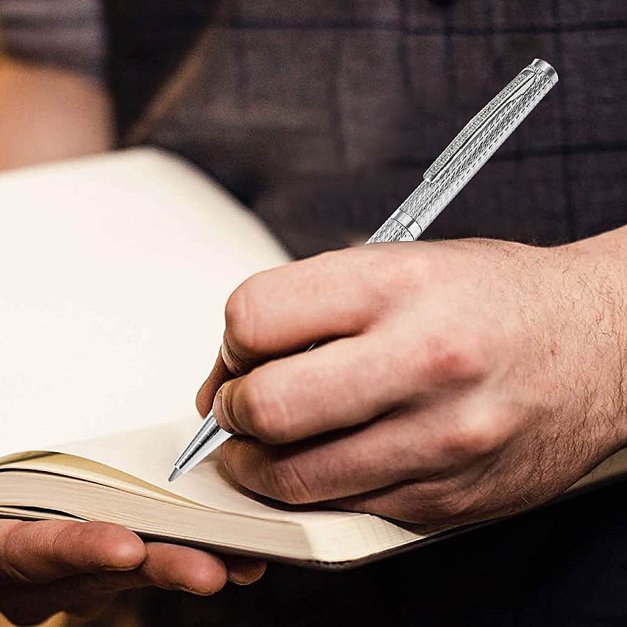 25 Single Cut Diamond Studded (0.12 ct.) Sterling Silver (10.0 Gms) Dotted Pattern Ball Pen with 1 Extra Refill in Black Colour Box