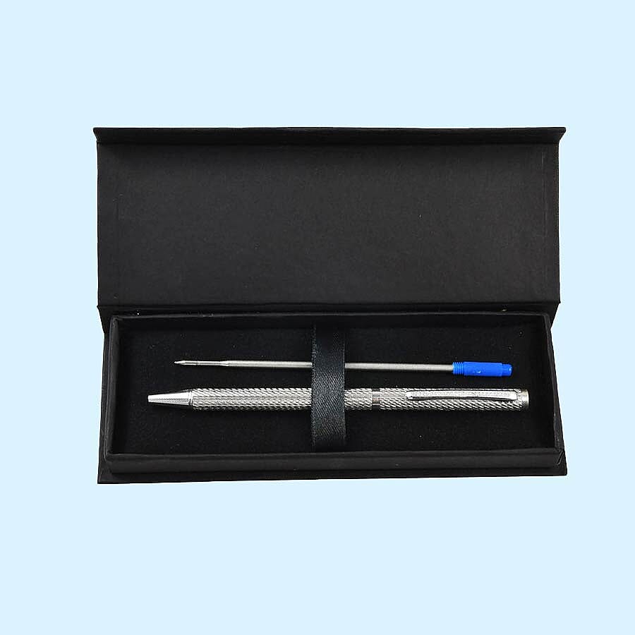 25 Single Cut Diamond Studded (0.12 ct.) Sterling Silver (10.0 Gms) Dotted Pattern Ball Pen with 1 Extra Refill in Black Colour Box