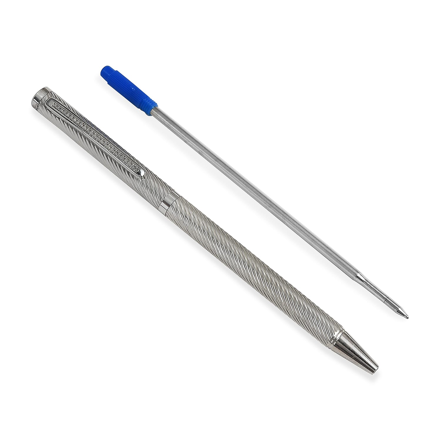 25 Single Cut Diamond Studded (0.12 ct.) Sterling Silver (10.0 Gms) Swirl Pattern Ball Pen with 1 Extra Refill in Black Colour Box