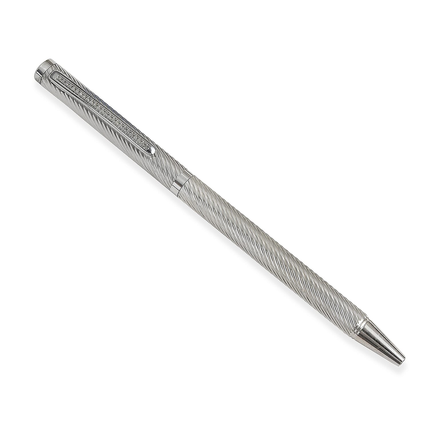 25 Single Cut Diamond Studded (0.12 ct.) Sterling Silver (10.0 Gms) Swirl Pattern Ball Pen with 1 Extra Refill in Black Colour Box