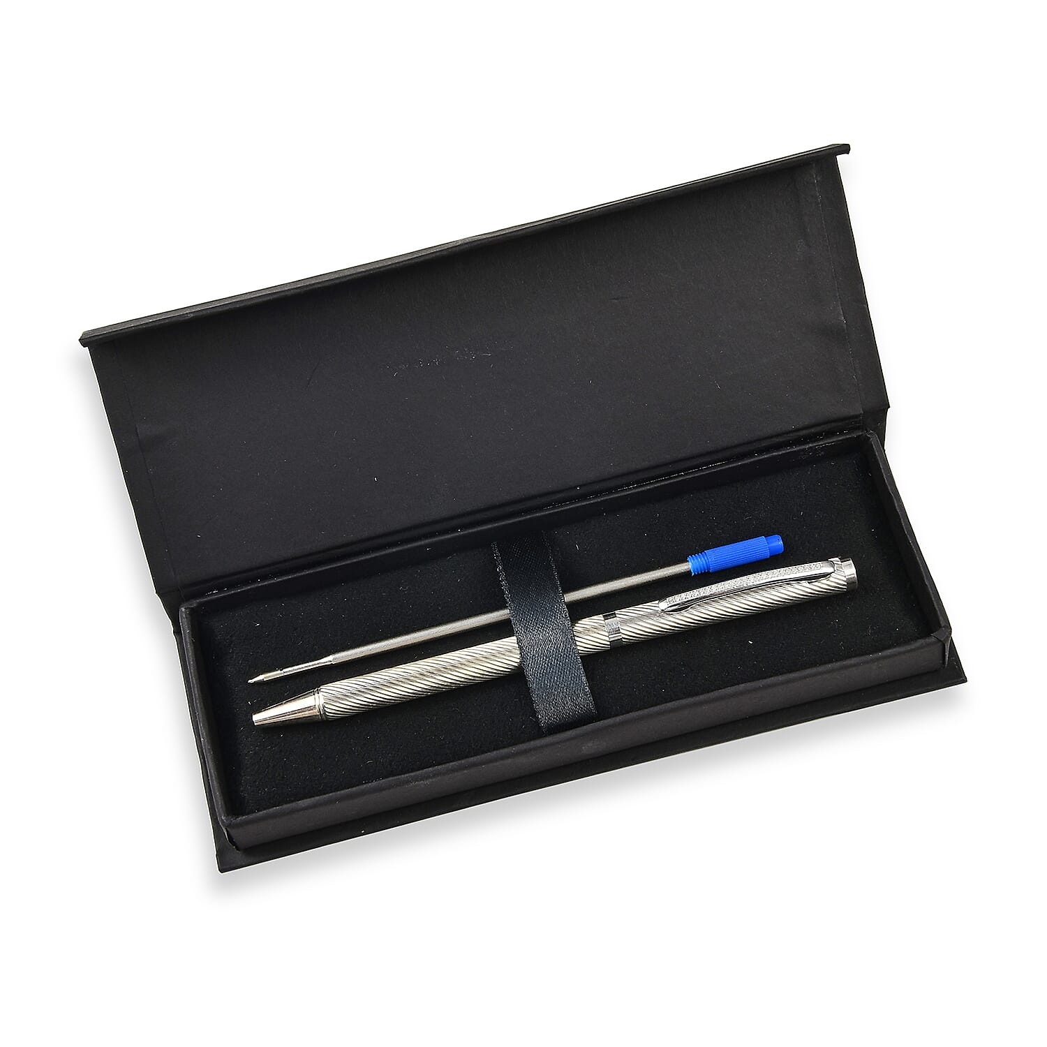 25 Single Cut Diamond Studded (0.12 ct.) Sterling Silver (10.0 Gms) Swirl Pattern Ball Pen with 1 Extra Refill in Black Colour Box