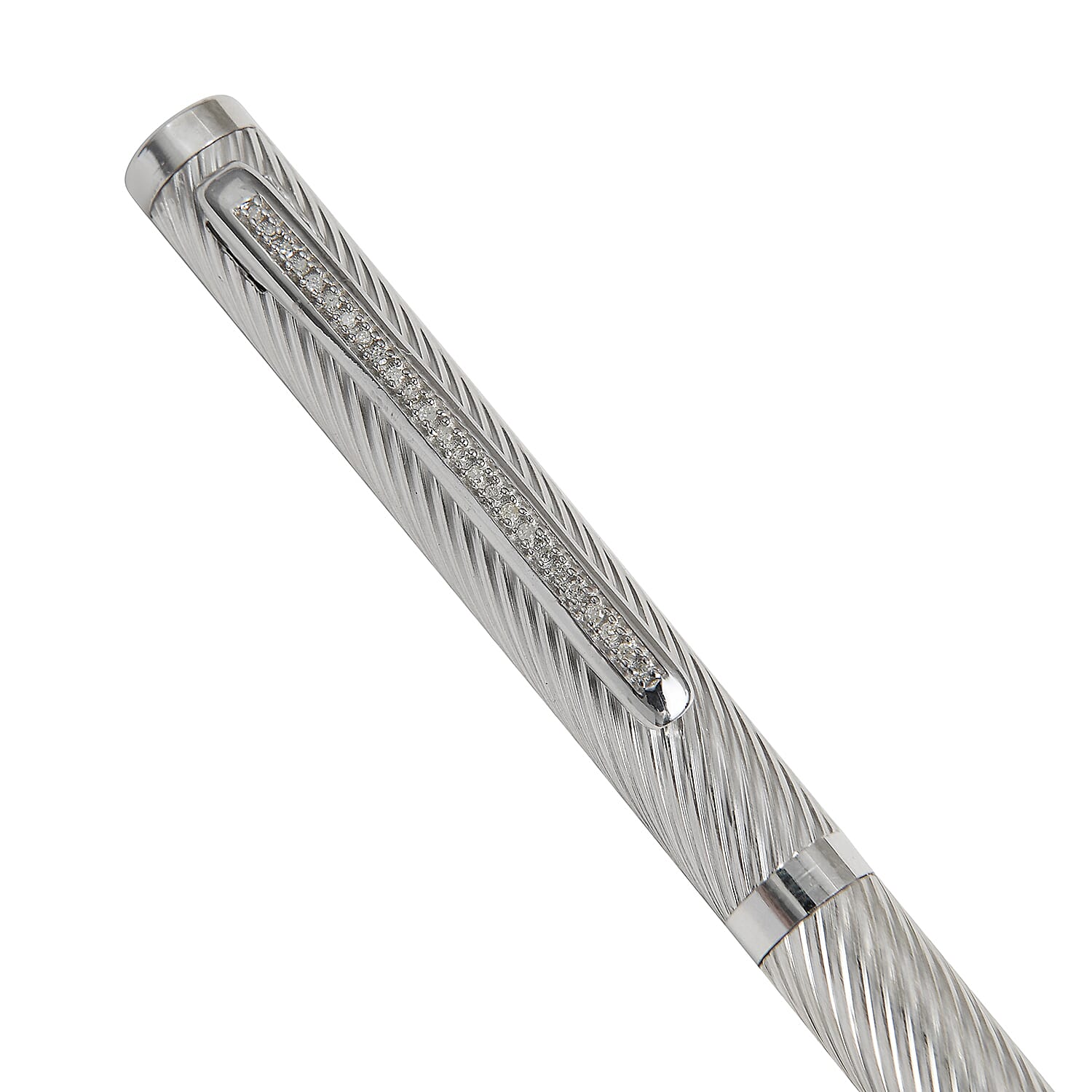 25 Single Cut Diamond Studded (0.12 ct.) Sterling Silver (10.0 Gms) Swirl Pattern Ball Pen with 1 Extra Refill in Black Colour Box