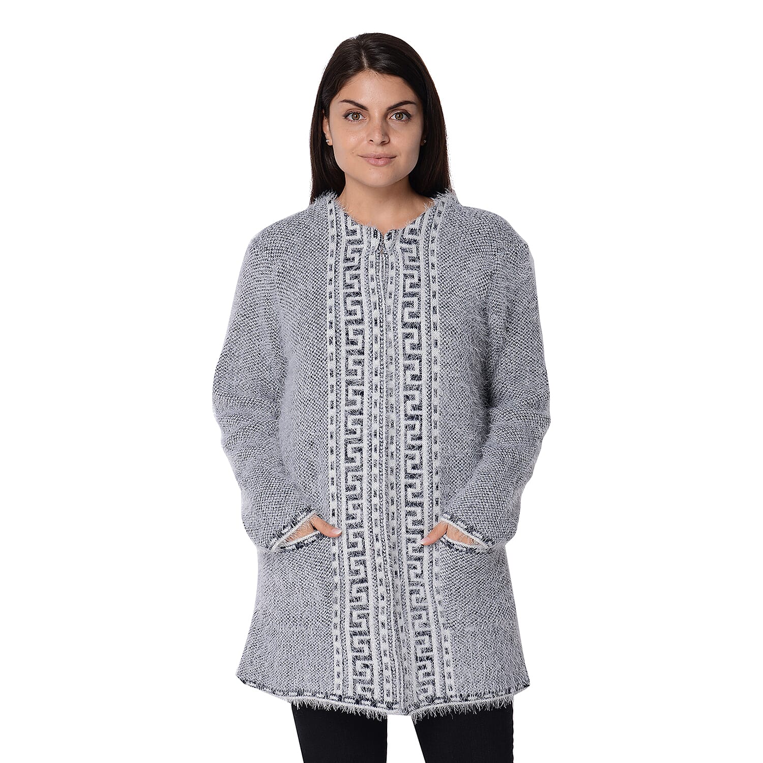 Soft and Smooth Winter Greek Key Pattern Sweater Coat with 2 Pockets (Size 53x79 Cm) - Navy and White