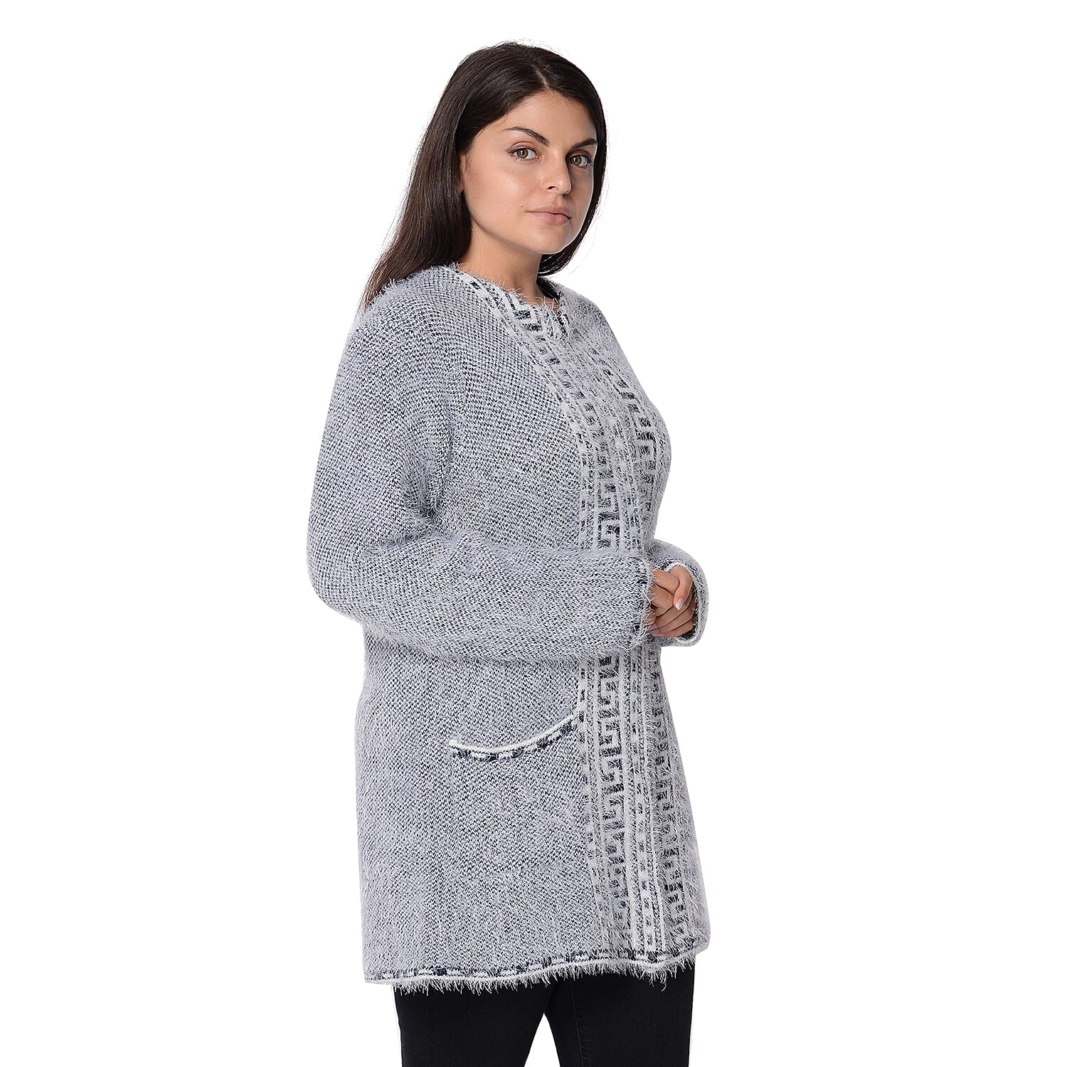 Soft and Smooth Winter Greek Key Pattern Sweater Coat with 2 Pockets (Size 53x79 Cm) - Navy and White