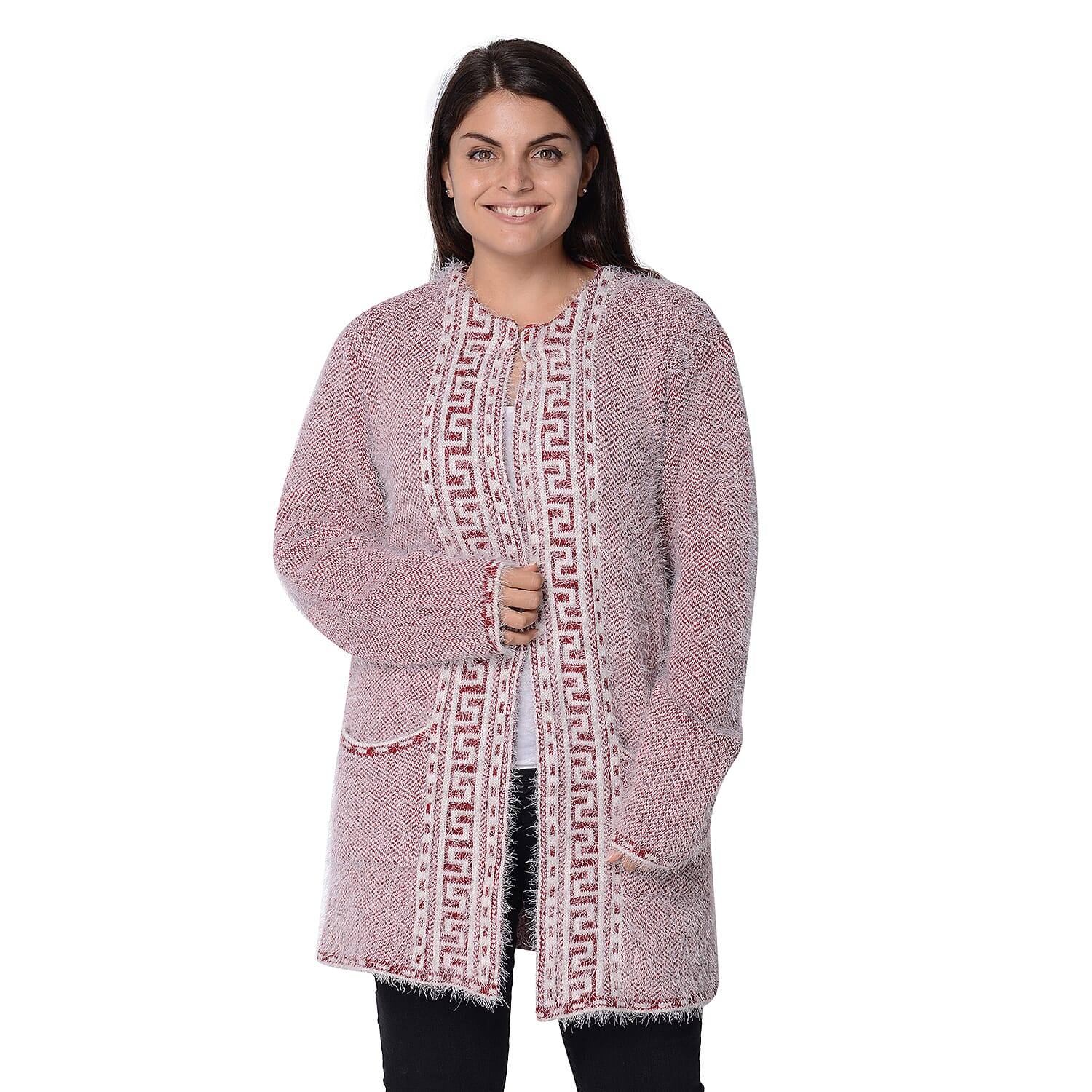Soft and Smooth Winter Fret Pattern Sweater Coat with 2 Pockets (Size 53x79 Cm) - Red and White