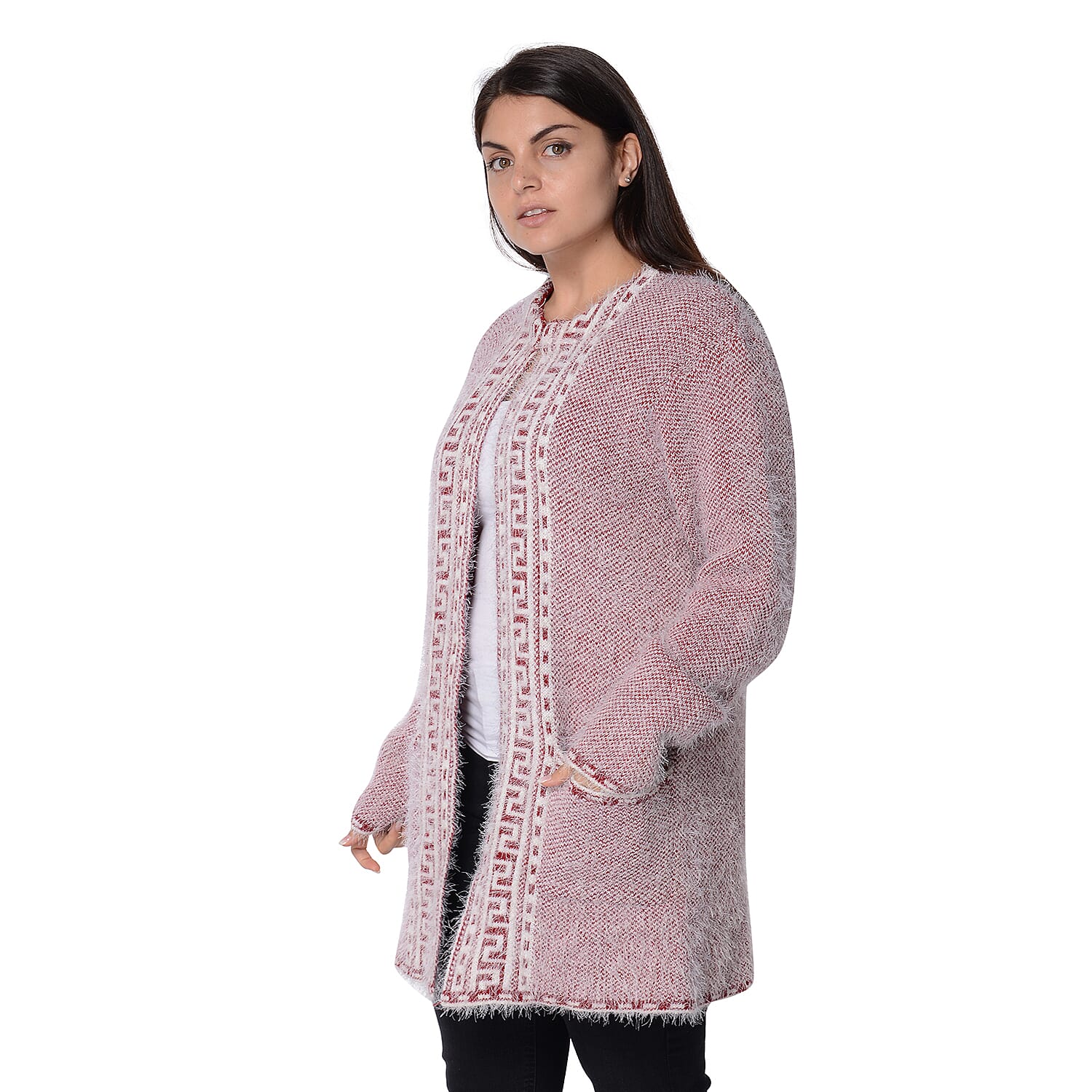 Soft and Smooth Winter Fret Pattern Sweater Coat with 2 Pockets (Size 53x79 Cm) - Red and White
