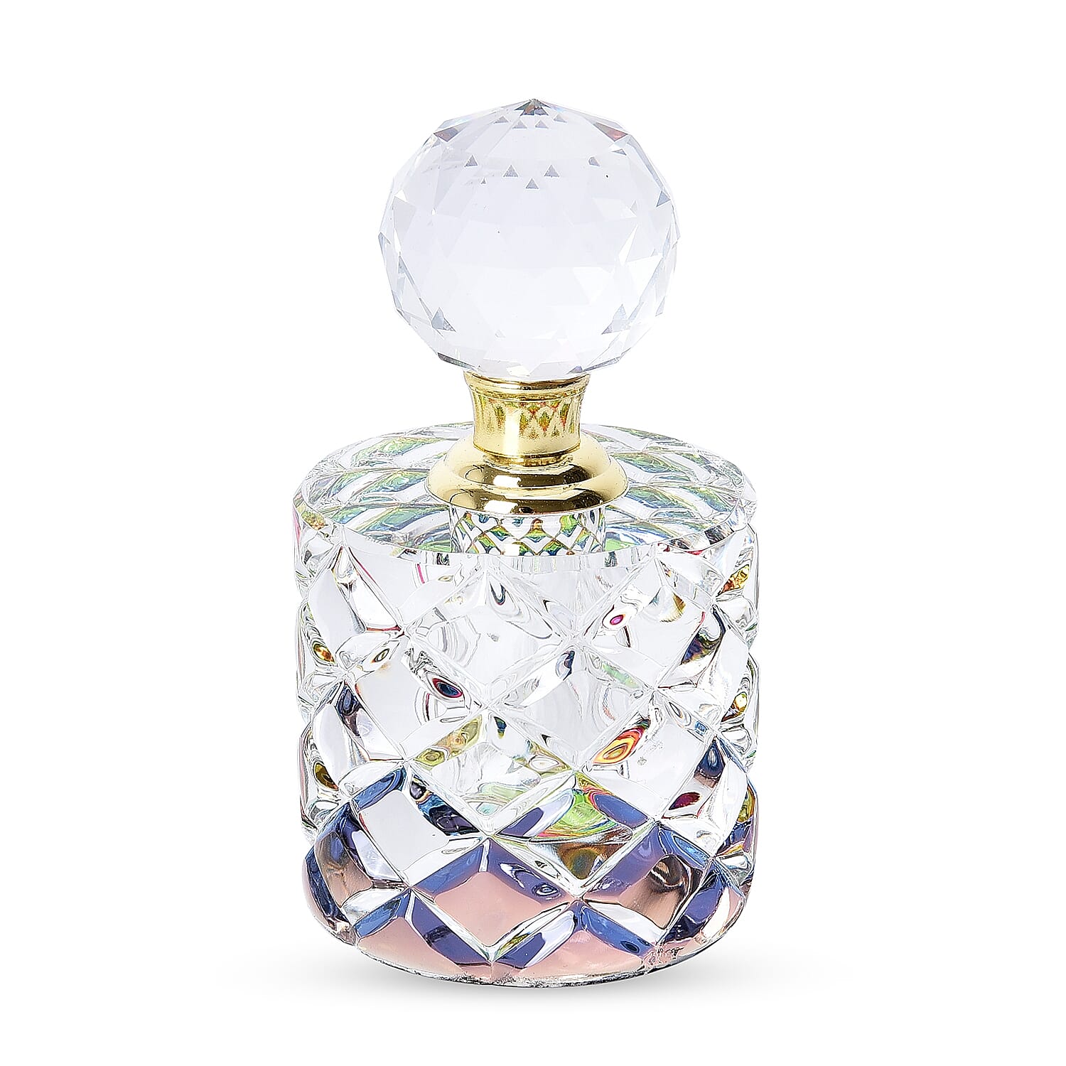 Cylindrical Carved Crystal Refillable Perfume Bottle with Colourful Base(Size 11x6cm)