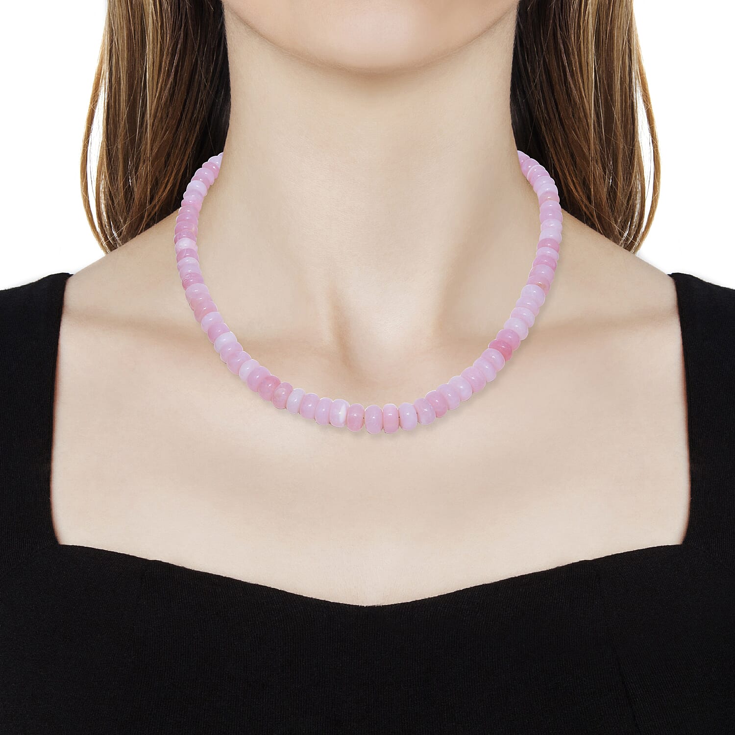 Peruvian Pink Opal Necklace (Size 18) with Magnetic Lock in Rhodium Overlay Sterling Silver 200.00 Ct.