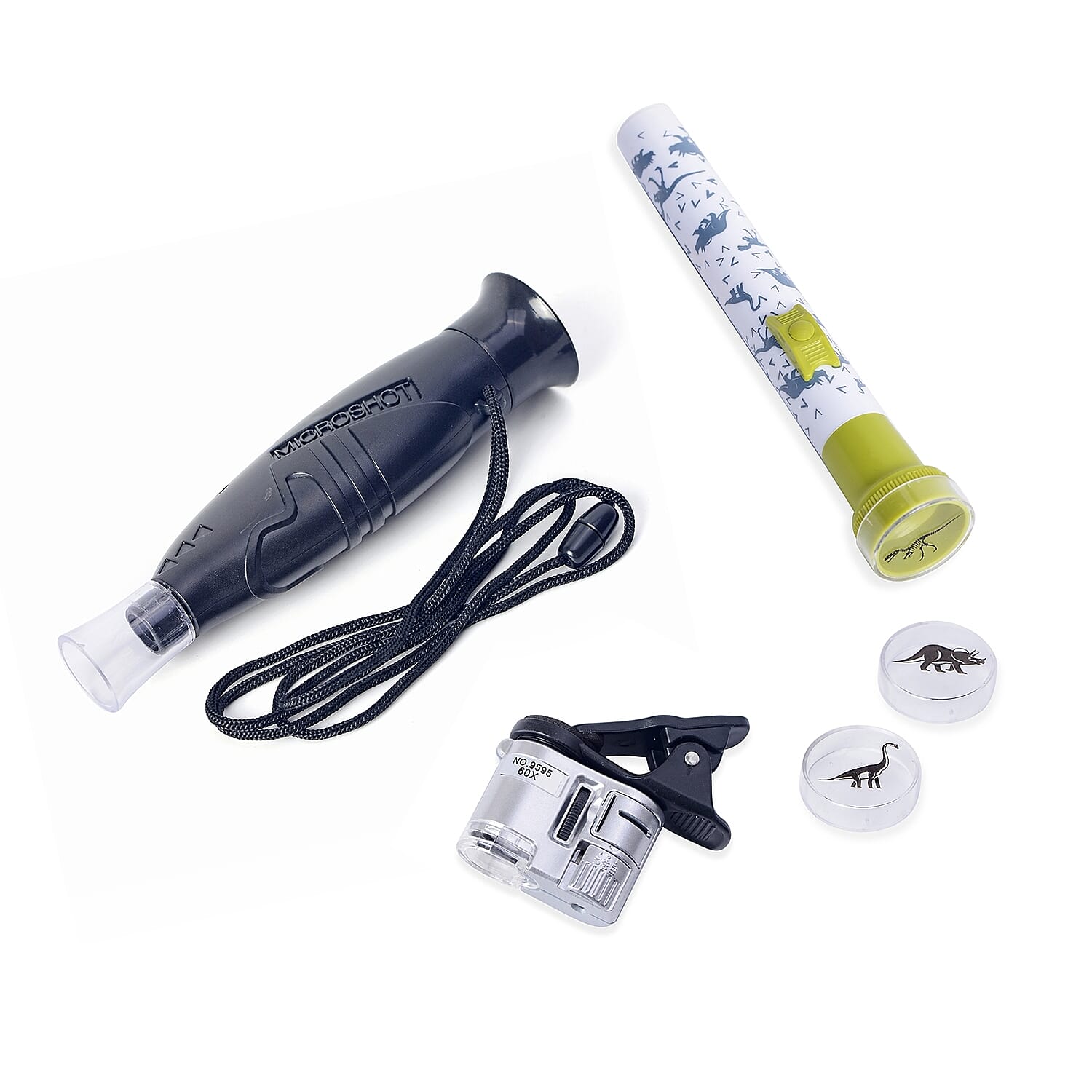 3 Piece Set - Children Microscope, 60X LED Microscope and Flashlight with 3 Dinosaur Patterns - Black, White, Green and Silver