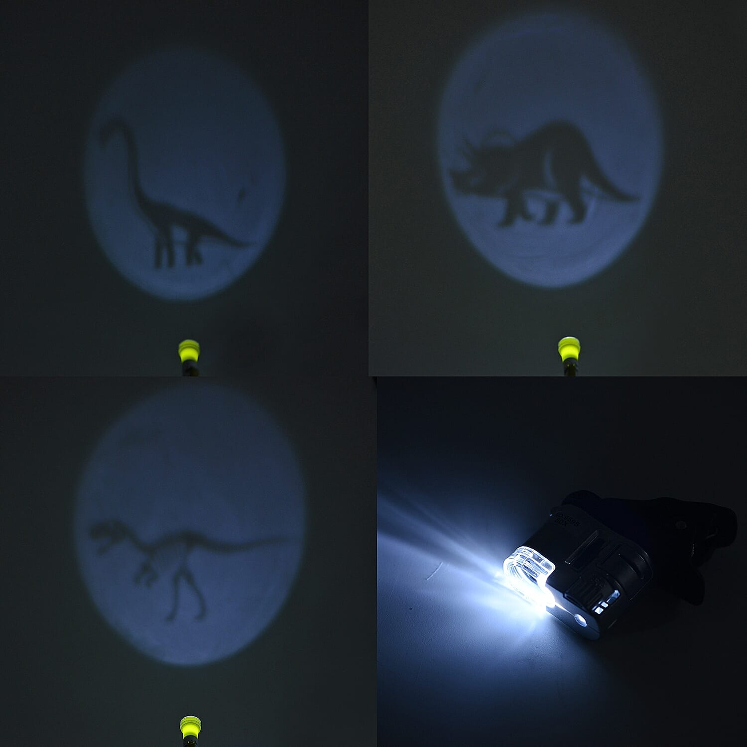 3 Piece Set - Children Microscope, 60X LED Microscope and Flashlight with 3 Dinosaur Patterns - Black, White, Green and Silver