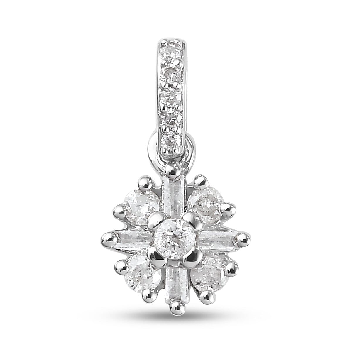9K White Gold Natural White Diamond (Rnd and Bgt) Starburst Pendant 0.16 Ct.