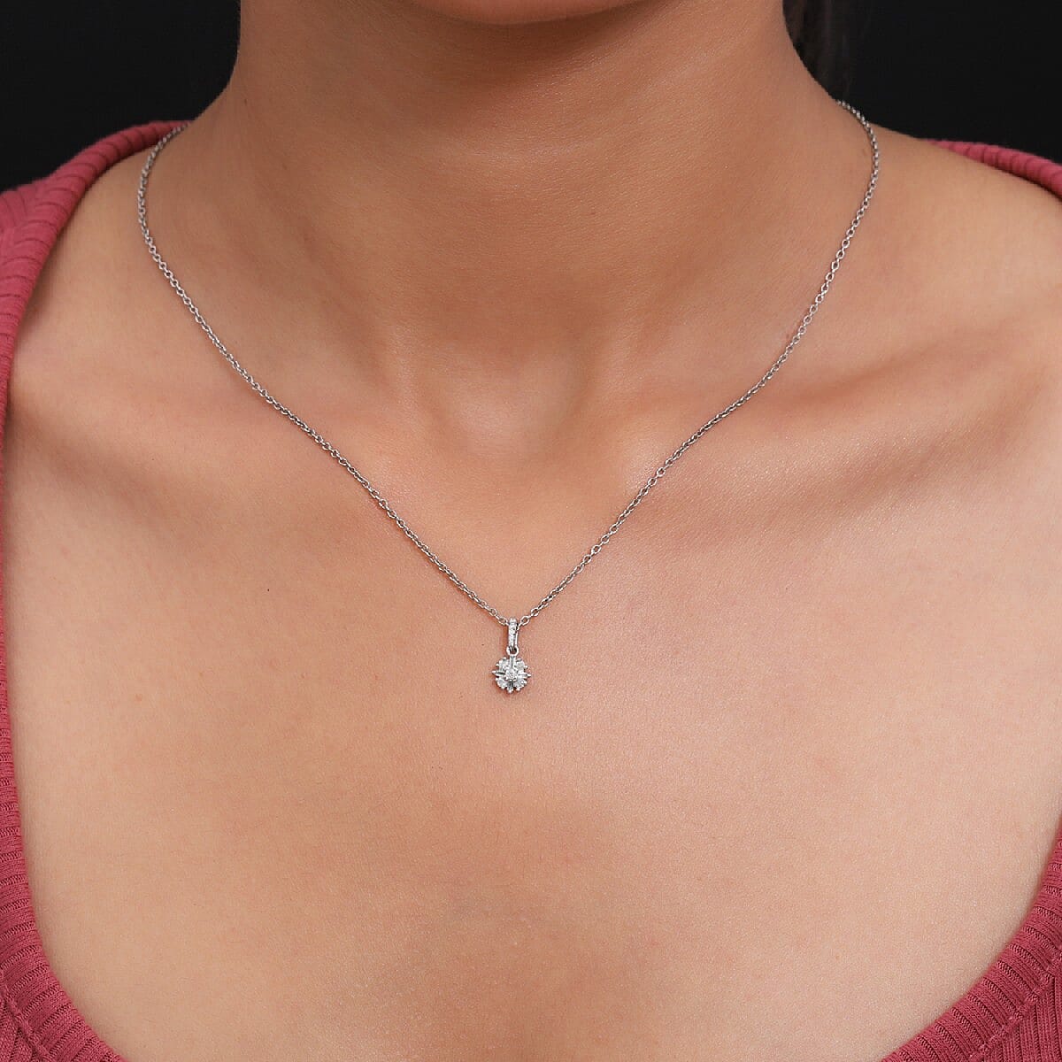 9K White Gold Natural White Diamond (Rnd and Bgt) Starburst Pendant 0.16 Ct.